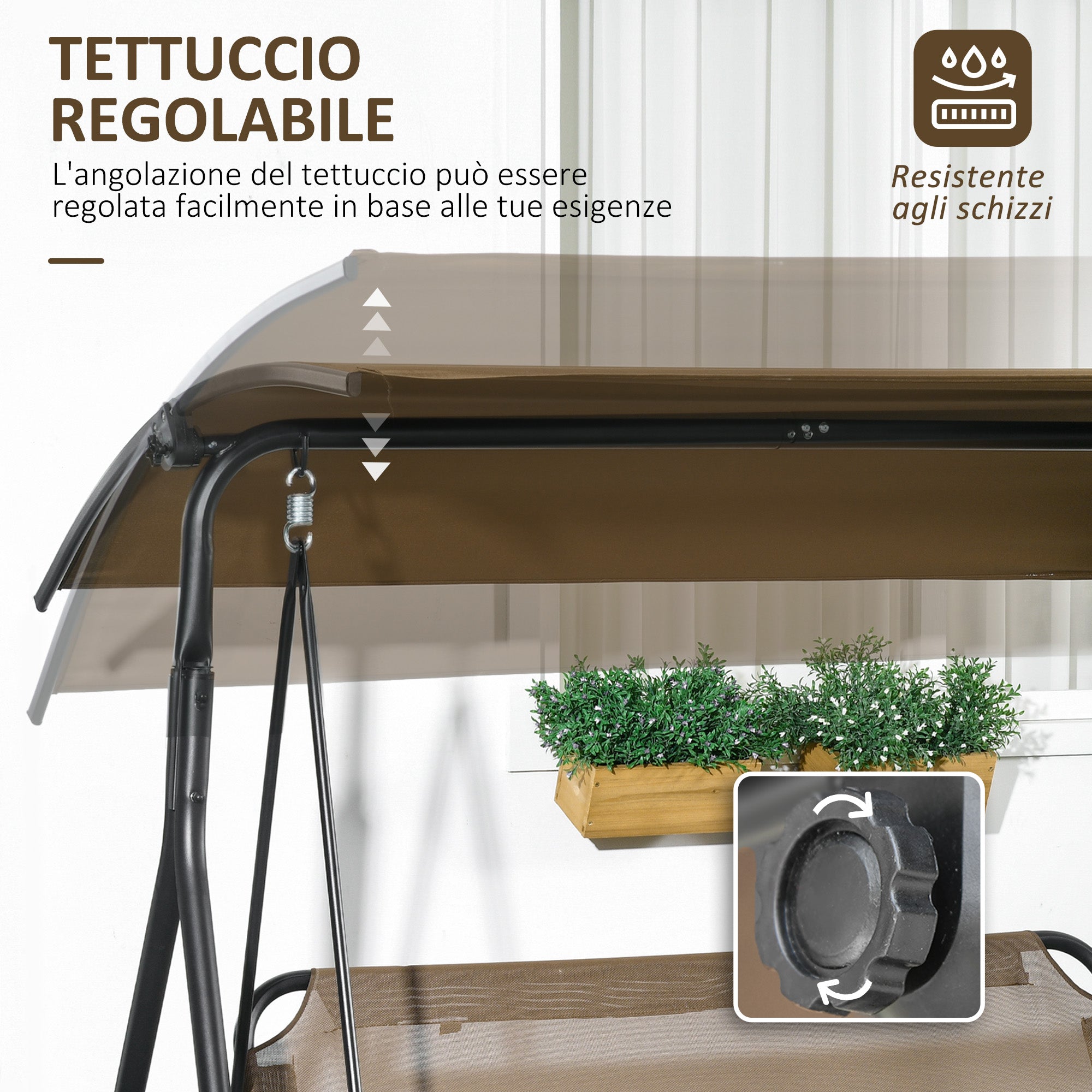 3-Seater Garden Swing with Adjustable Sunshade, Outdoor Swing with Breathable Texteline Seat and Metal Frame, Capacity Up to 240 kg, 172x110x153 cm, Brown and Black