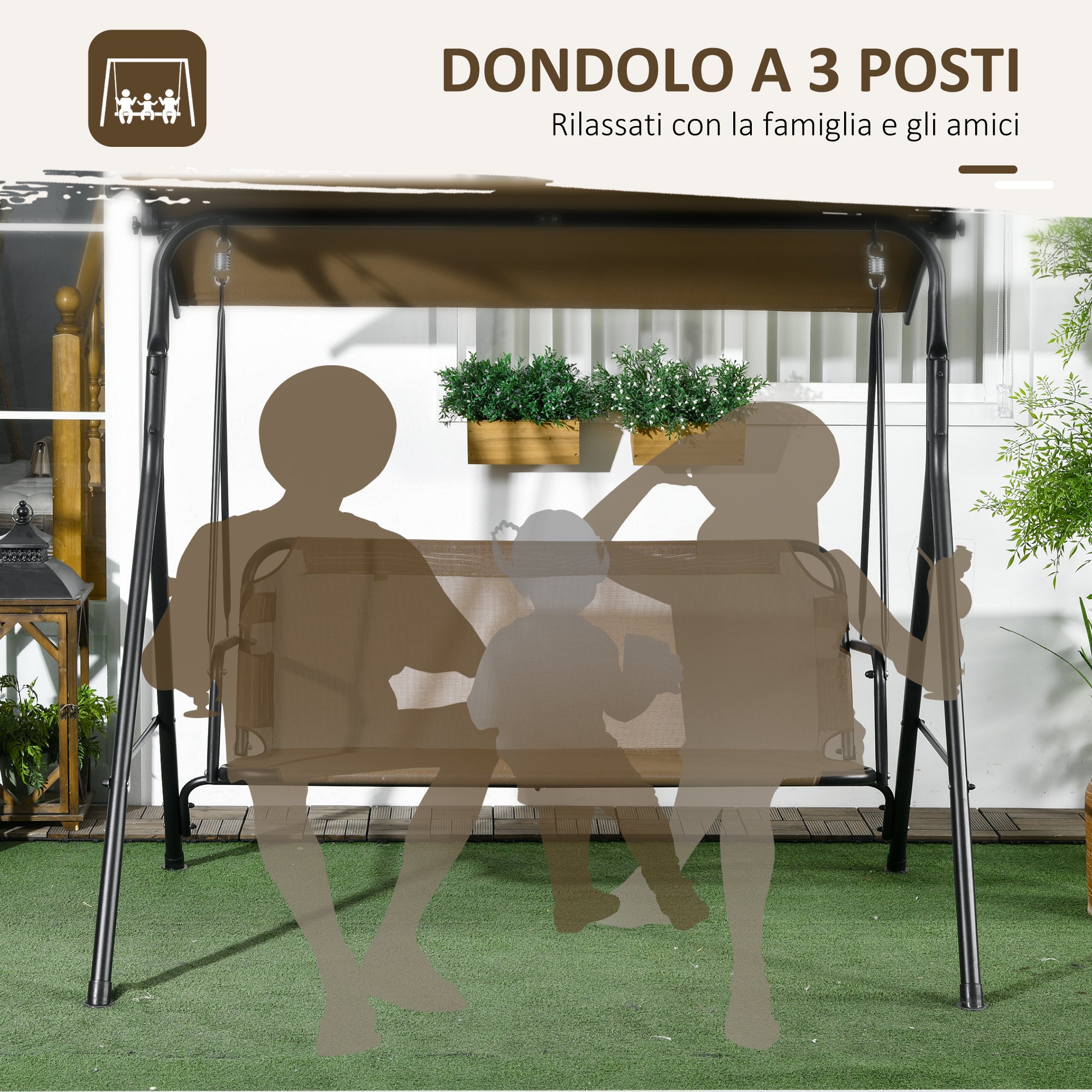 3-Seater Garden Swing with Adjustable Sunshade, Outdoor Swing with Breathable Texteline Seat and Metal Frame, Capacity Up to 240 kg, 172x110x153 cm, Brown and Black