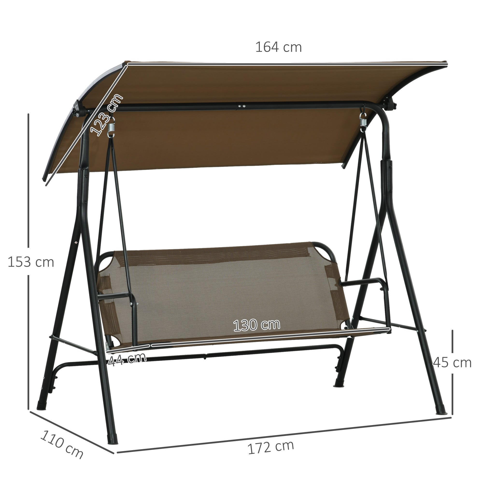 3-Seater Garden Swing with Adjustable Sunshade, Outdoor Swing with Breathable Texteline Seat and Metal Frame, Capacity Up to 240 kg, 172x110x153 cm, Brown and Black