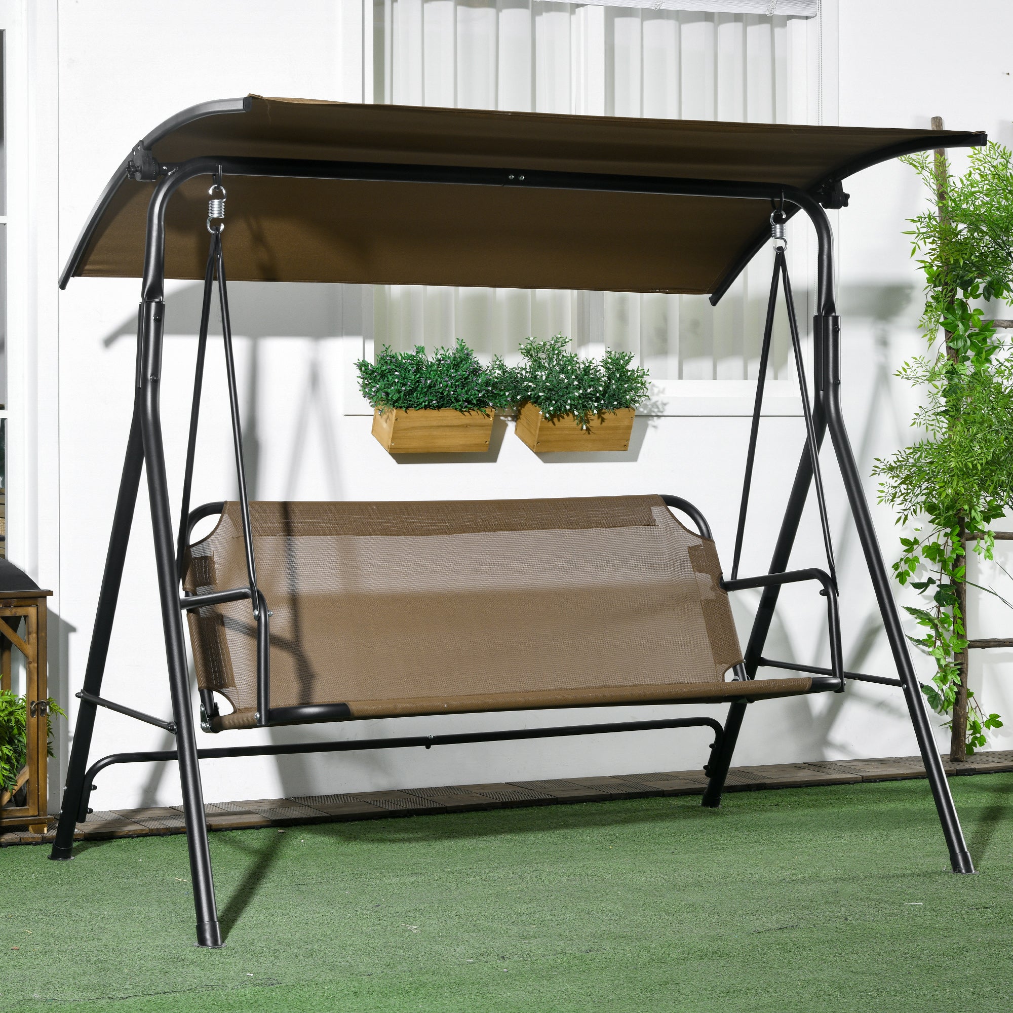 3-Seater Garden Swing with Adjustable Sunshade, Outdoor Swing with Breathable Texteline Seat and Metal Frame, Capacity Up to 240 kg, 172x110x153 cm, Brown and Black