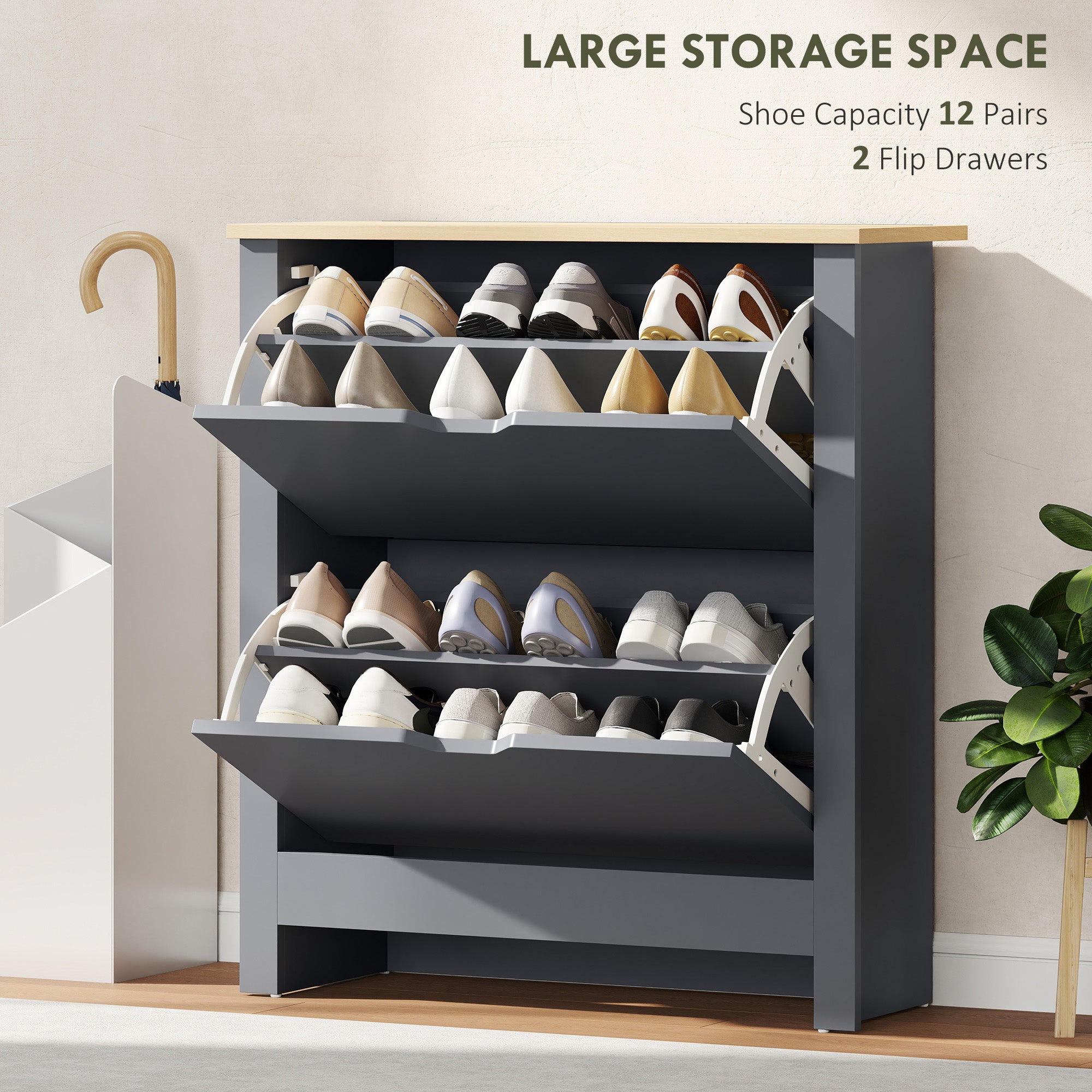Shoe Cabinet with 2 Tilt-Out Compartments, Narrow Shoe Storage with Adjustable Divider, Holds up to 12 Pairs — 28.3 x 10.2 x 31.5 in (72 x 26 x 80 cm), Dark Gray