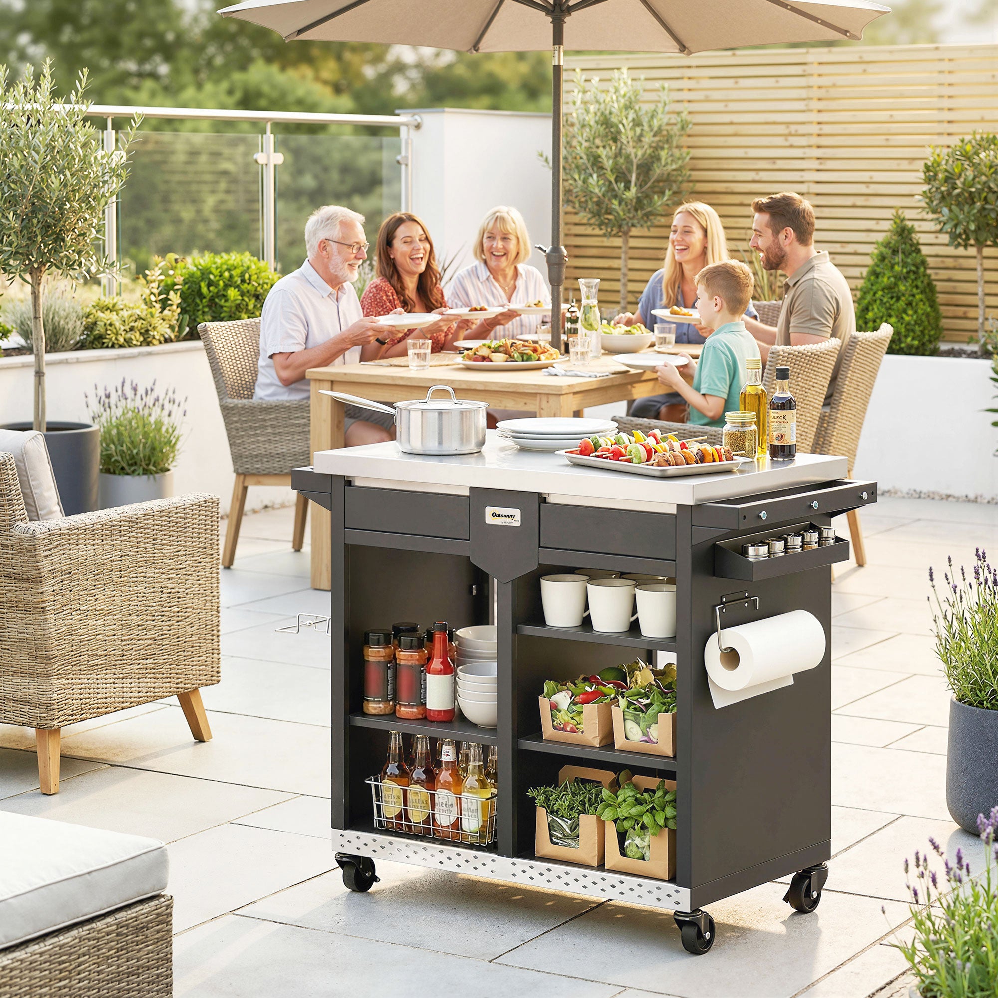 5-Tier Grill Cart with Stainless-Steel Worktop, Adjustable Shelves, Drawer, Wheels, Spice Rack, Towel Holder & Hooks — Mobile BBQ Serving Trolley (117 x 54 x 85.5 cm / 46.1 x 21.3 x 33.7 in)