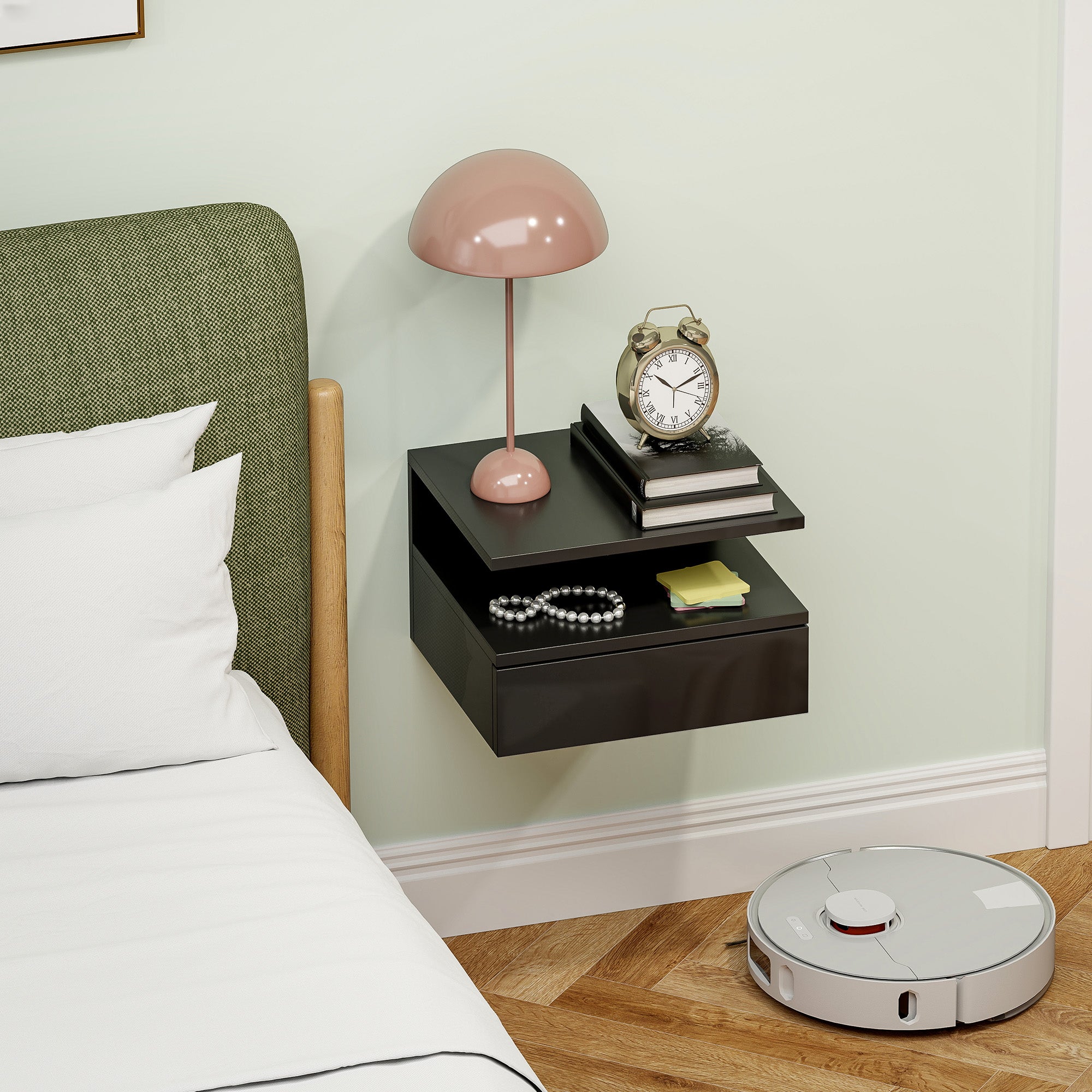 Modern Floating Bedside Table for Bedroom, Modern Bedroom Nightstand, with Wooden Drawer and Upper Shelf, 35x32x22.5cm, Glossy Black