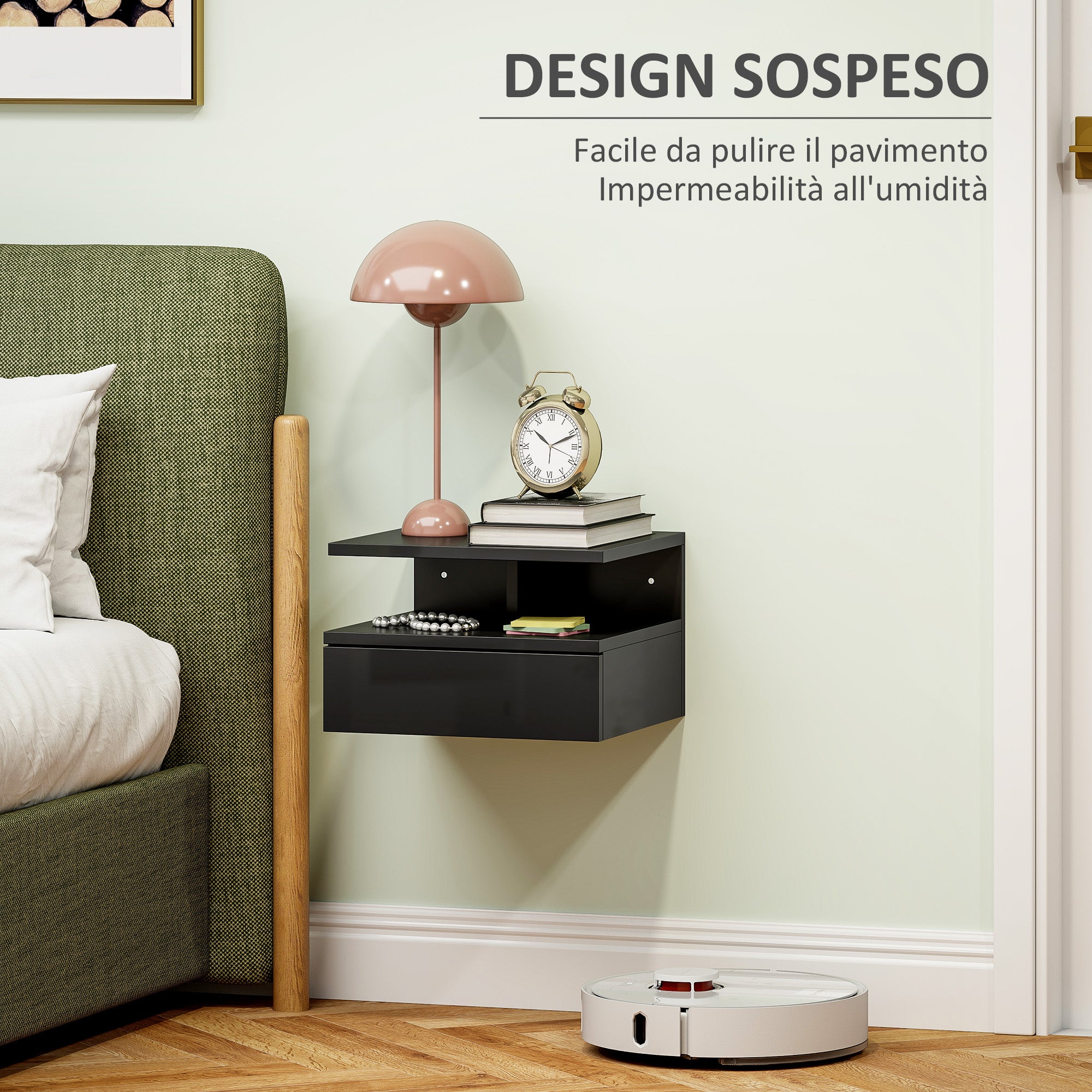 Modern Floating Bedside Table for Bedroom, Modern Bedroom Nightstand, with Wooden Drawer and Upper Shelf, 35x32x22.5cm, Glossy Black