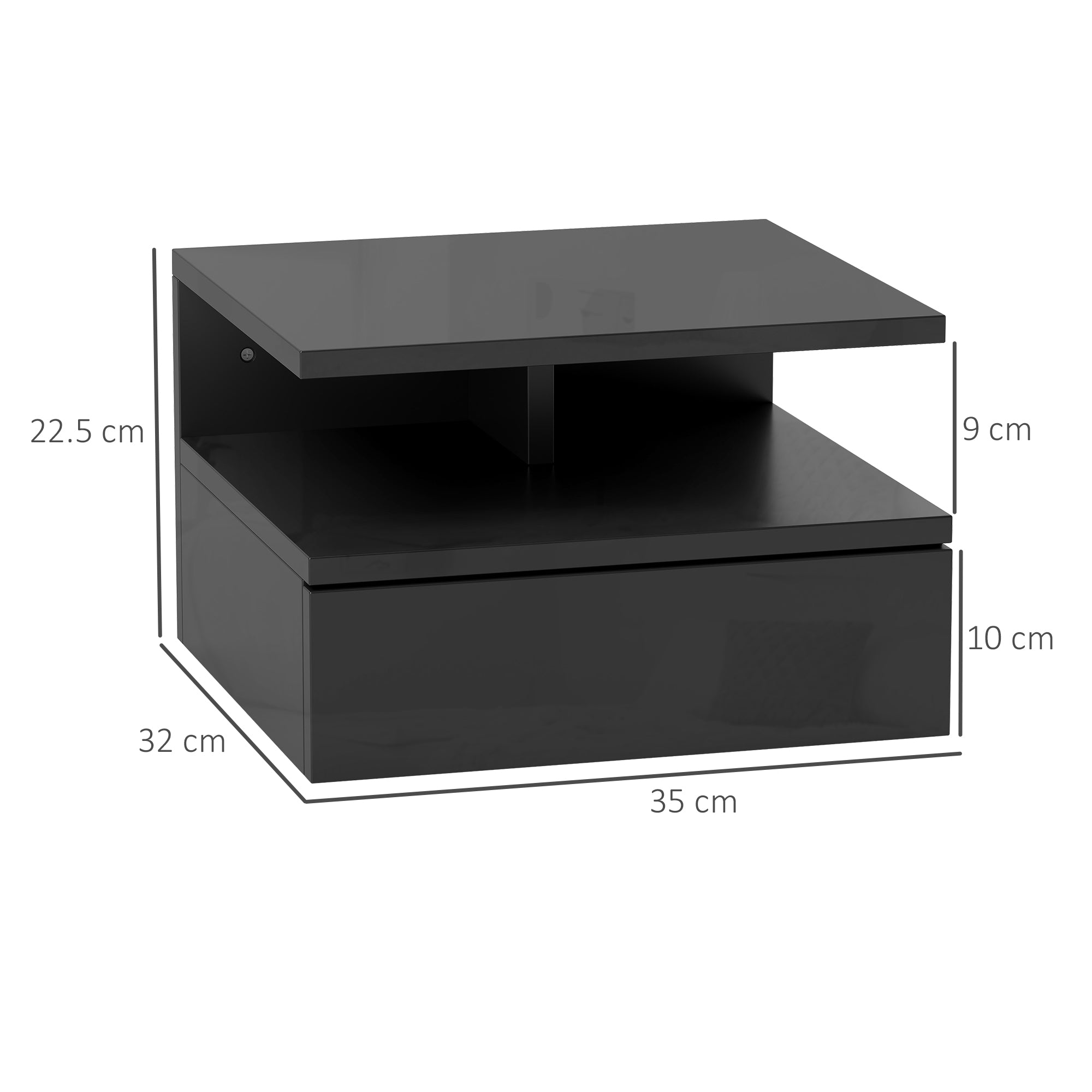 Modern Floating Bedside Table for Bedroom, Modern Bedroom Nightstand, with Wooden Drawer and Upper Shelf, 35x32x22.5cm, Glossy Black