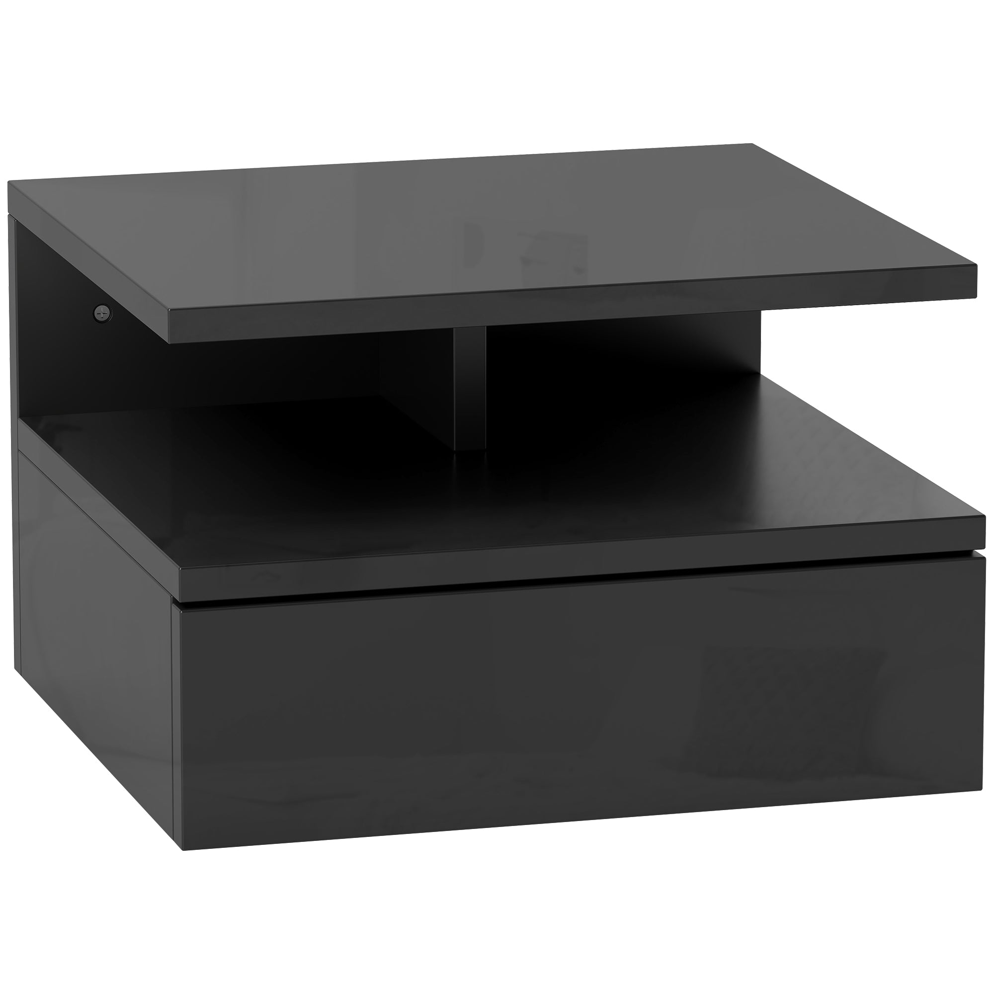 Modern Floating Bedside Table for Bedroom, Modern Bedroom Nightstand, with Wooden Drawer and Upper Shelf, 35x32x22.5cm, Glossy Black