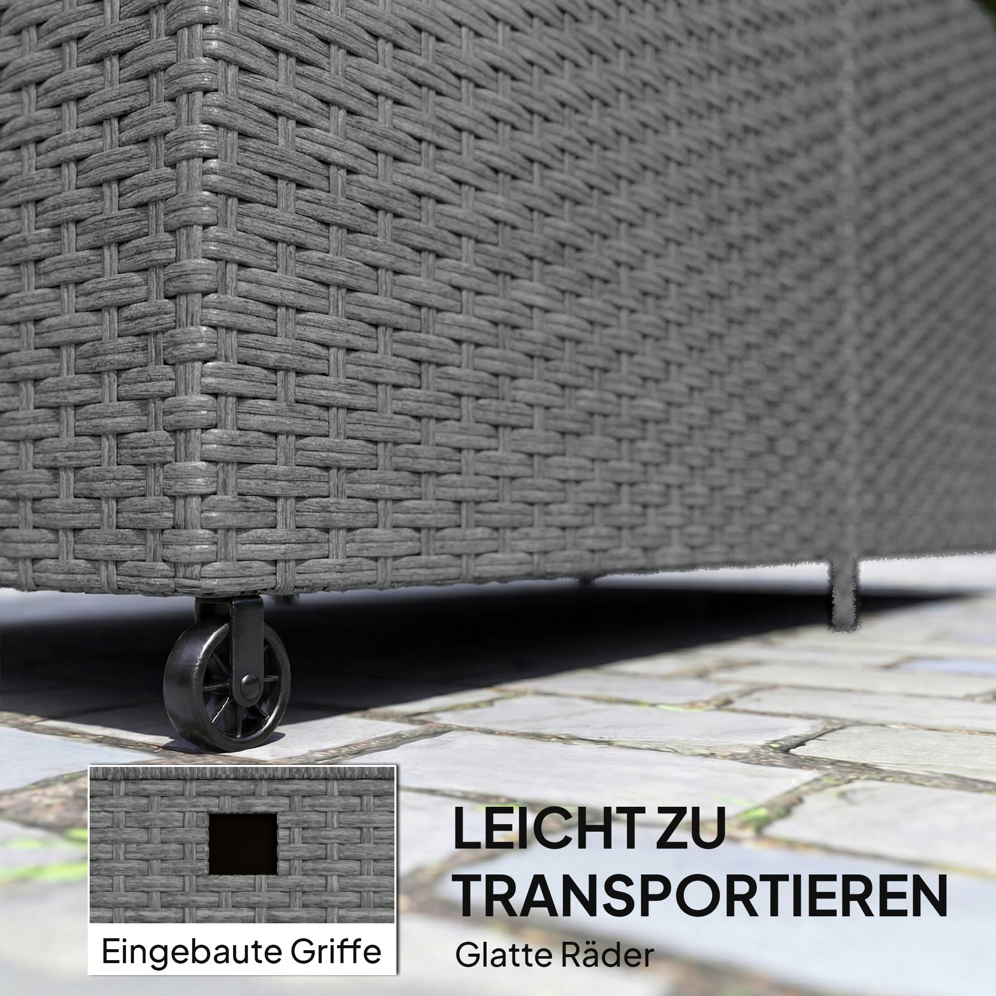 650L Weatherproof Rattan Cushion Box with Lid, Wheels & Storage – UV-Resistant Garden Chest for Patio, Terrace, Balcony | 59 x 29.5 x 29.1 in (150 x 75 x 74 cm) – Dark Gray