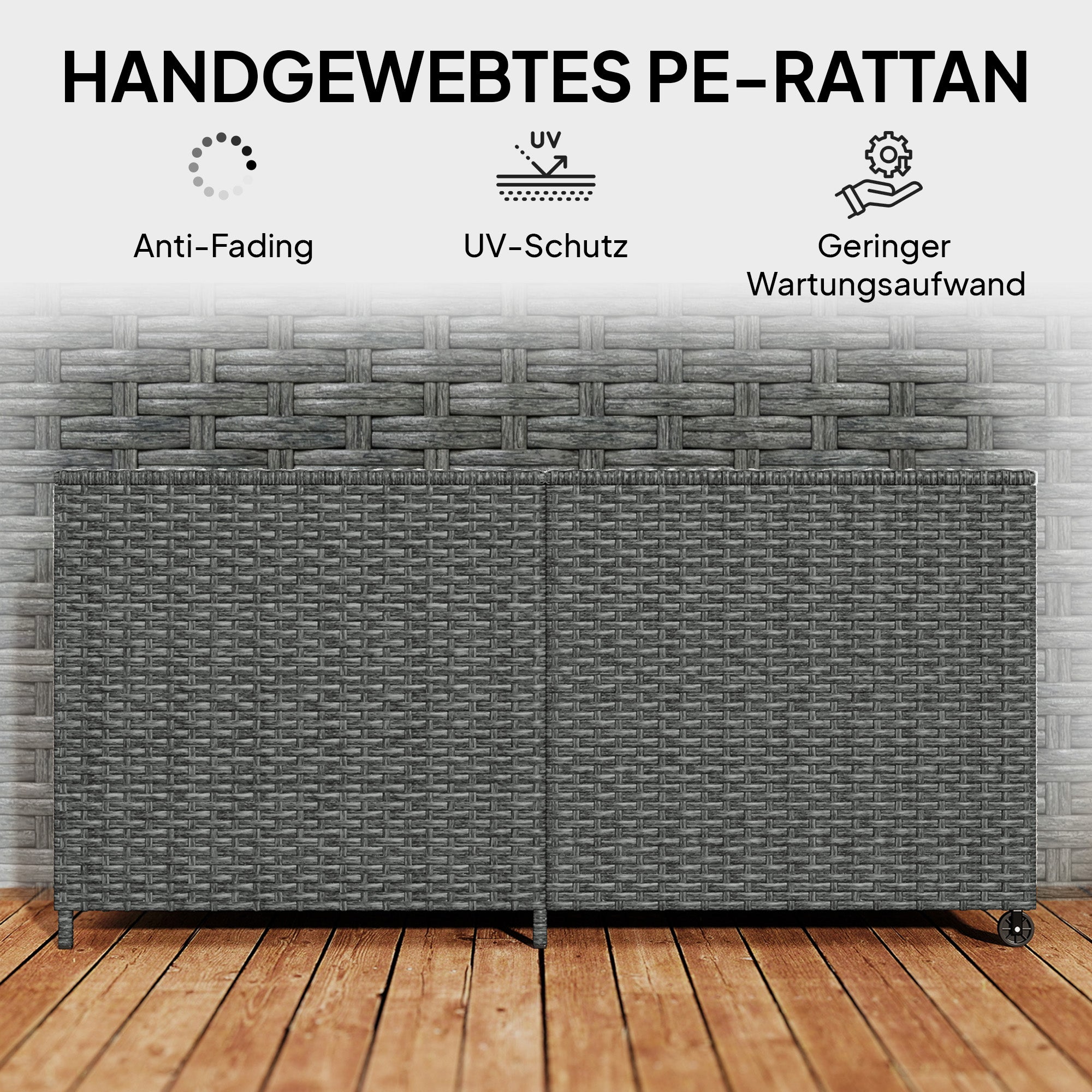 650L Weatherproof Rattan Cushion Box with Lid, Wheels & Storage – UV-Resistant Garden Chest for Patio, Terrace, Balcony | 59 x 29.5 x 29.1 in (150 x 75 x 74 cm) – Dark Gray