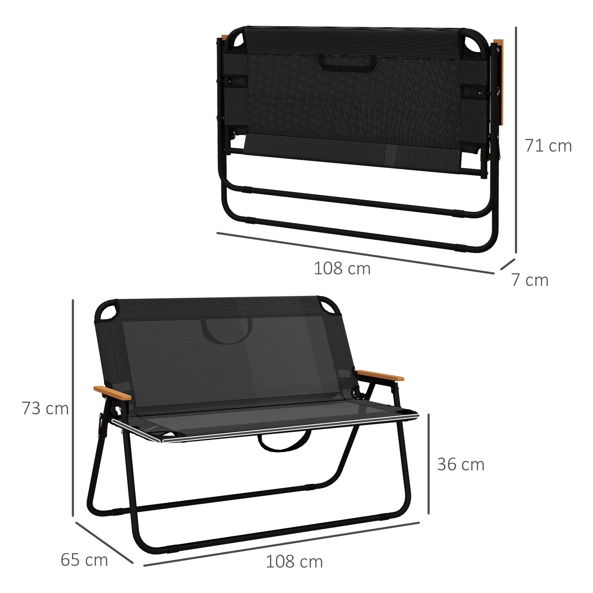 2-Seater Garden Bench, Bench, Foldable Camping Bench, Folding Bench with 220 kg Weight Capacity, for Camping, Patio, Mesh, Black, 108 x 65 x 73 cm