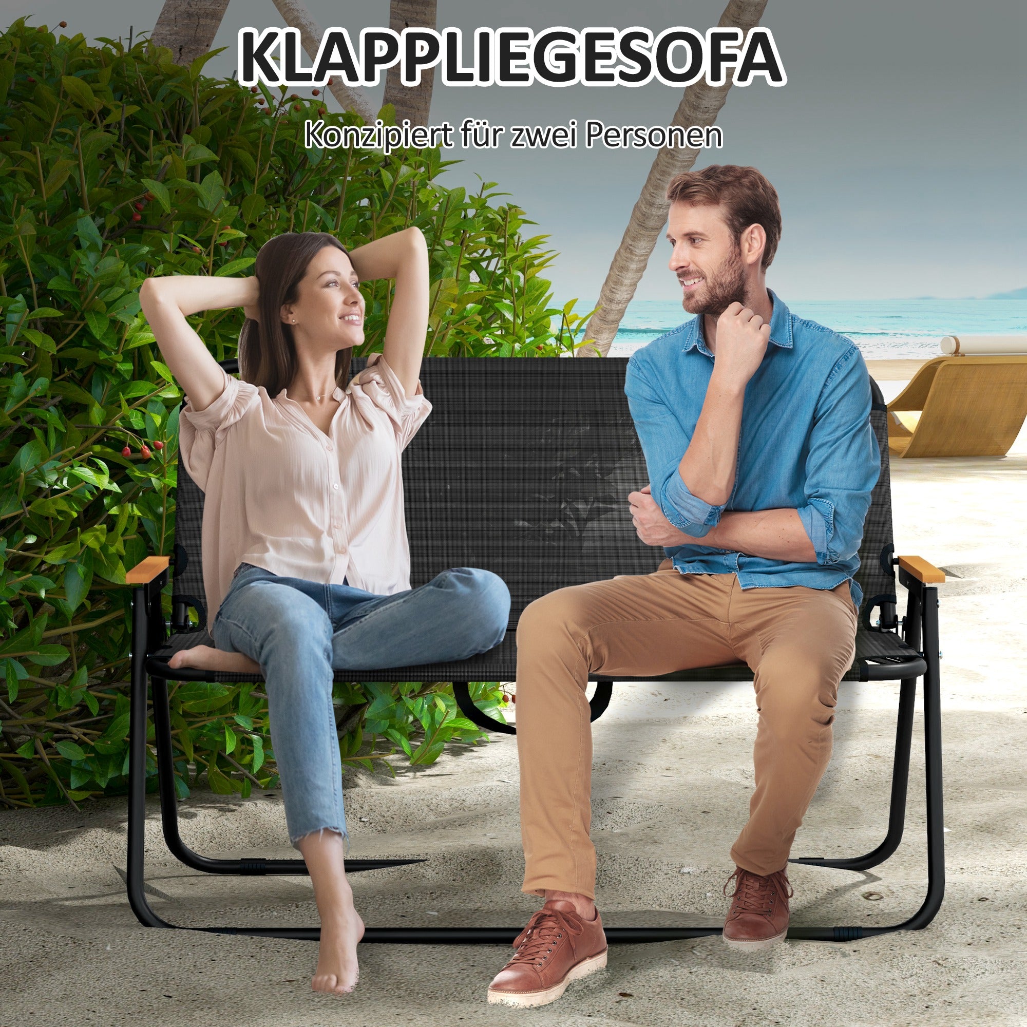 2-Seater Garden Bench, Bench, Foldable Camping Bench, Folding Bench with 220 kg Weight Capacity, for Camping, Patio, Mesh, Black, 108 x 65 x 73 cm