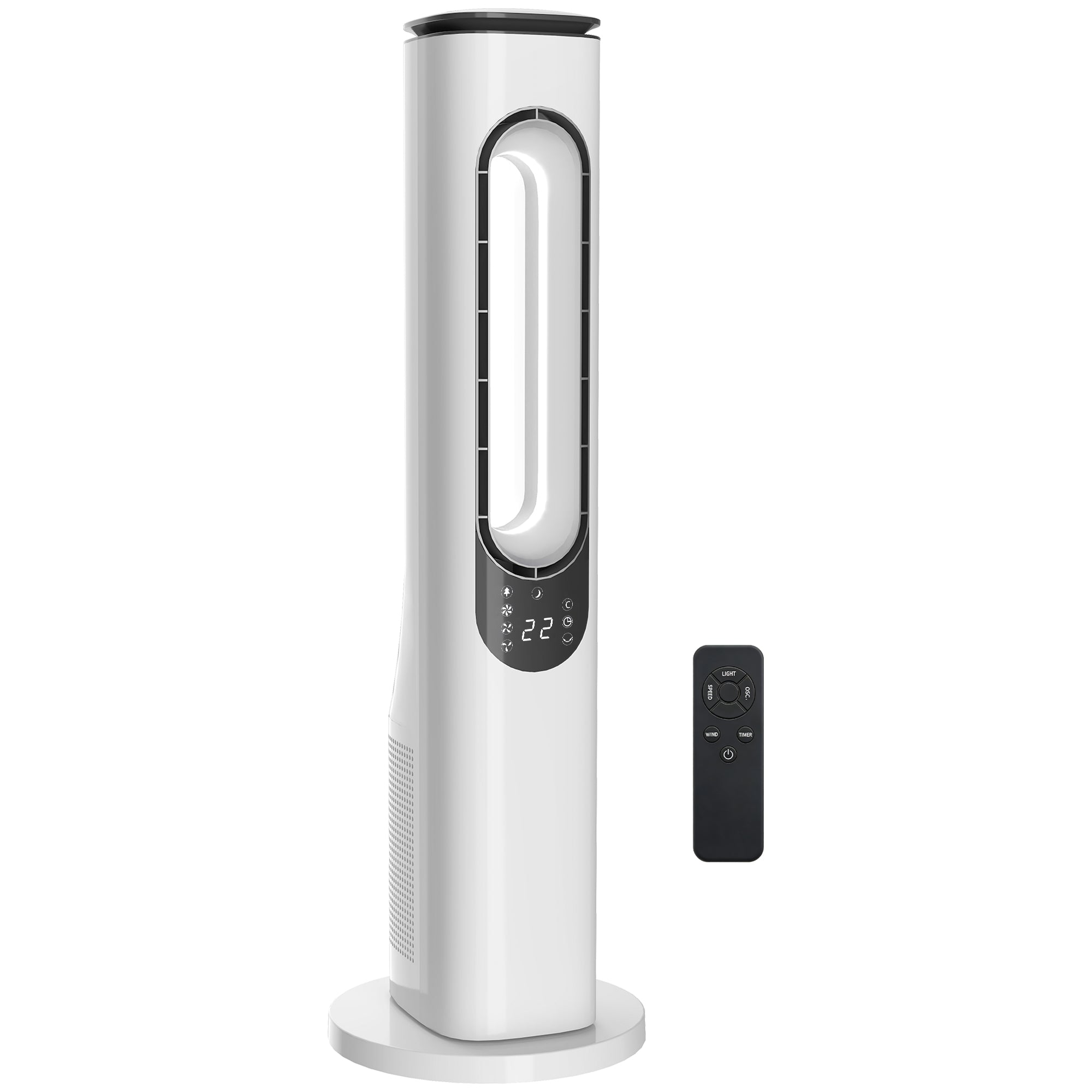 Bladeless Tower Fan — Ultra-Quiet 35 dB, Remote Control, LED Display, 3 Speeds & Modes, 15H Timer, 50° Oscillation — White