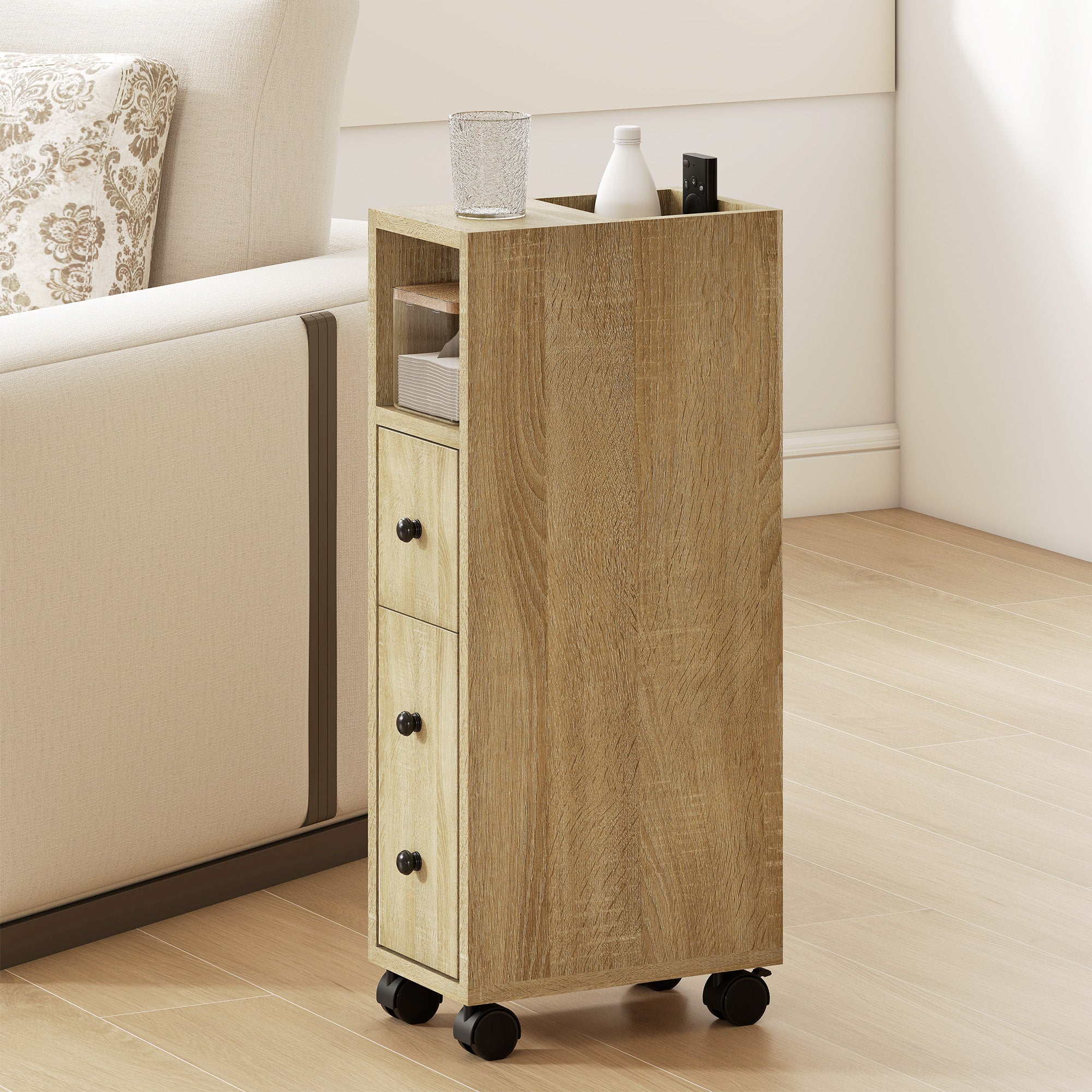 Bathroom Cabinet with Wheels Bathroom Storage Cabinet with Open Shelf Door and Drawer Space-Saving 7.1x11.8x27 inch Oak