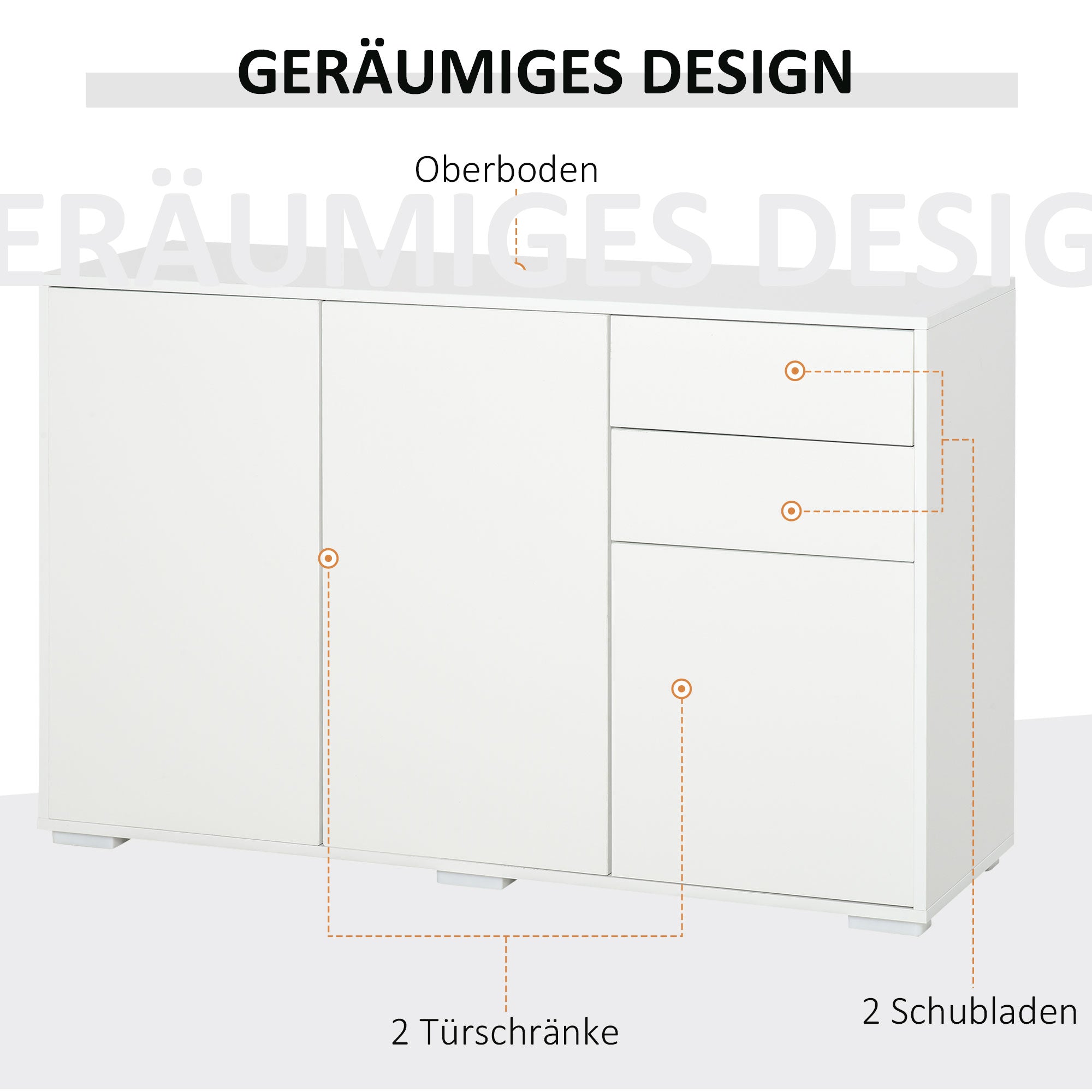 Sideboard Chest of Drawers with 2 Drawers, 3 Doors, Adjustable Shelves, Storage Cabinet Drawer Cabinet for Bedroom, Living Room 117 x 36 x 74 cm White