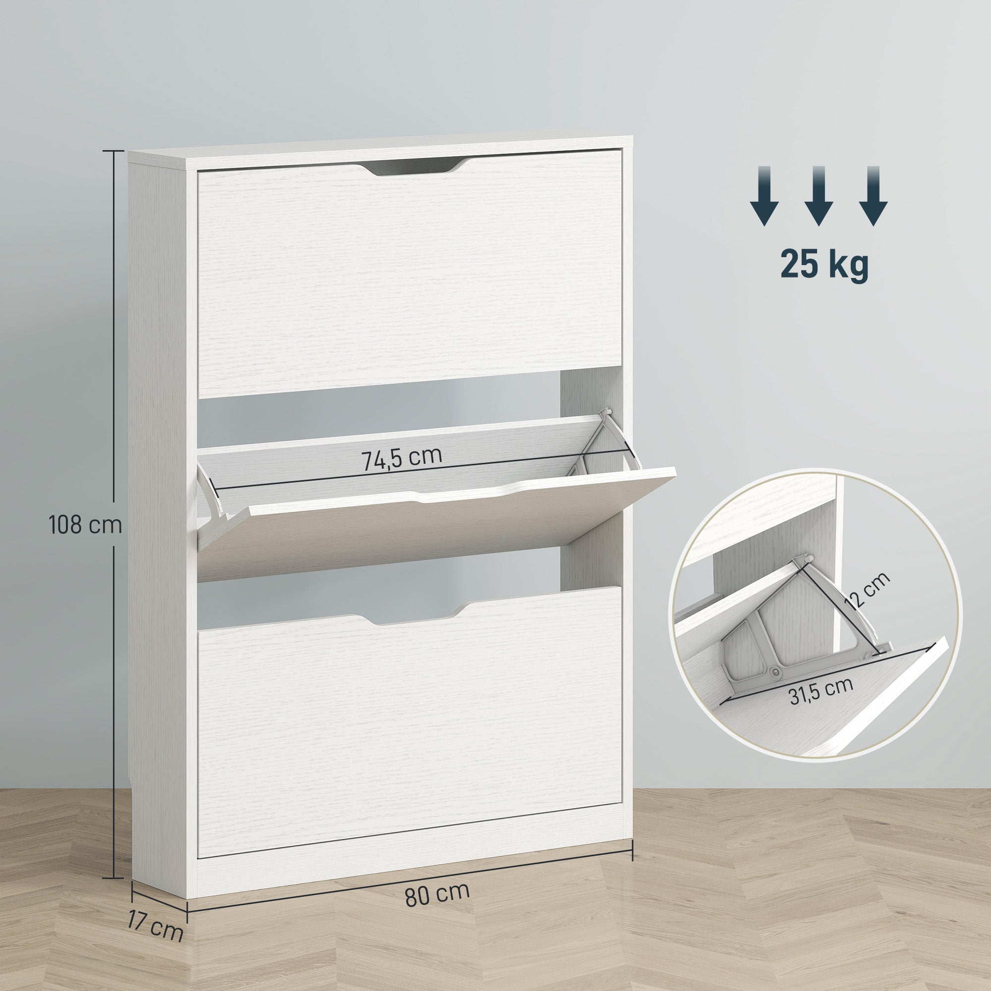 Shoe Cabinet with 3 Flaps, Shoe Rack, Shoe Cupboard for 9-12 Pairs of Shoes 80 x 17 x 108 cm, White