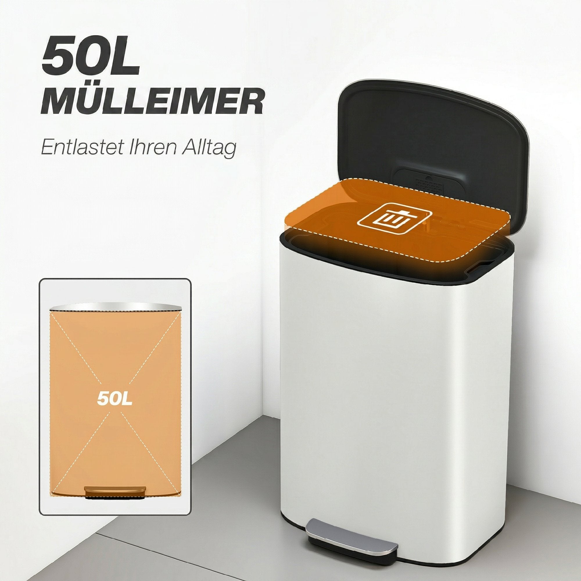 50L Kitchen Step Trash Can – Stay-Open & Soft-Close Lid, Pedal Bin, Stainless Steel, Cream White, 17.8 x 14.4 x 24.6 in