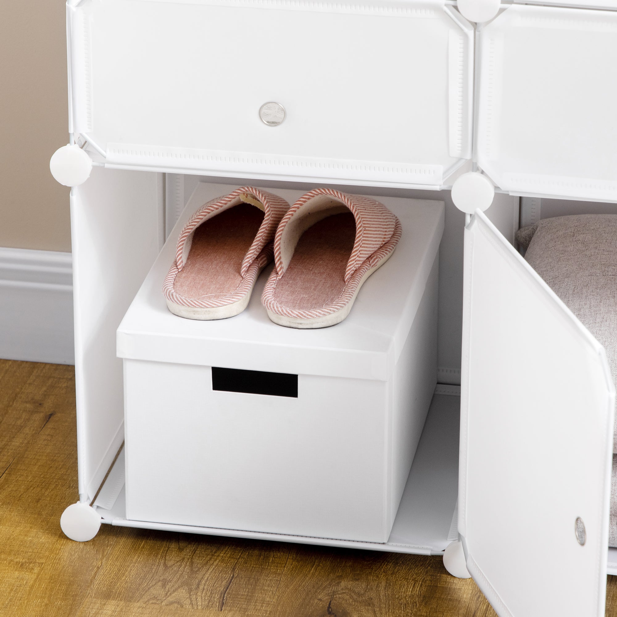 Shoe Cabinet, Shelf with Storage Bins, Wardrobe, Plastic, Steel, White, 75 x 37 x 73 cm