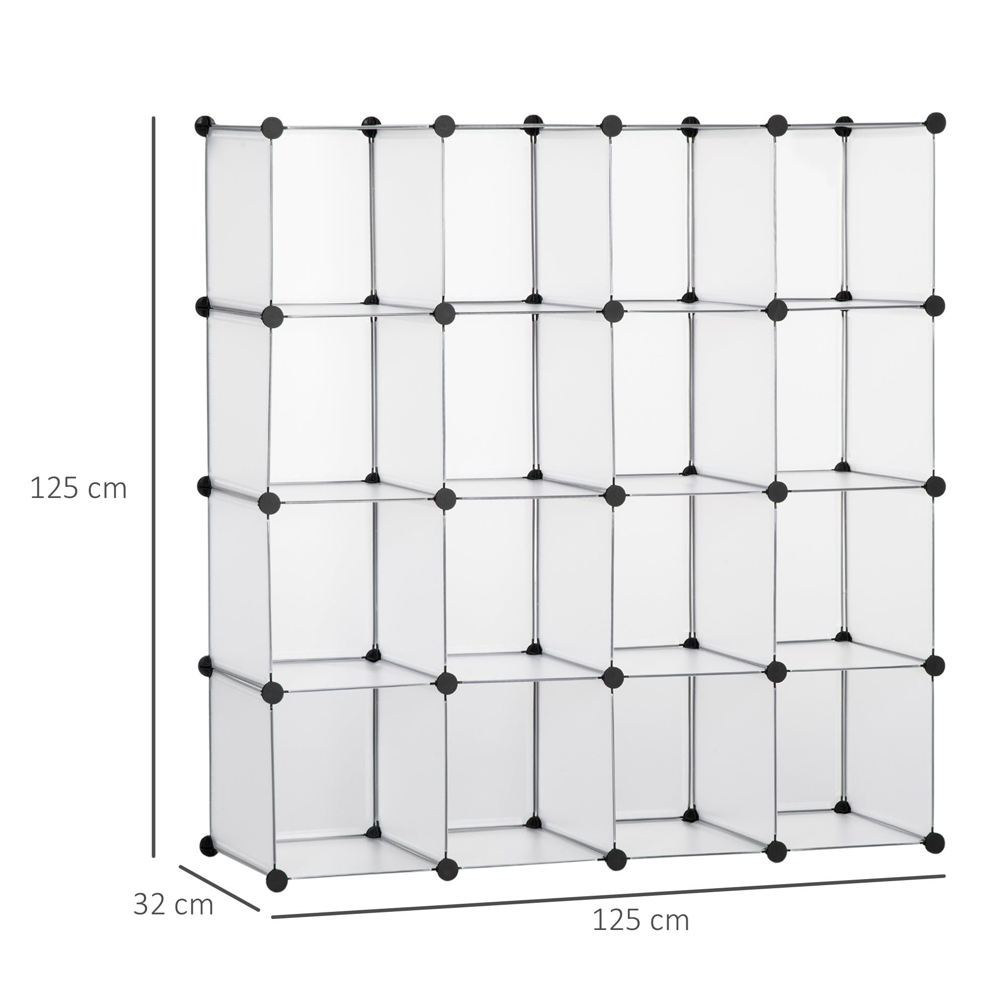 DIY modular shelf system with 16 cubes stackable DIY cube shelf wardrobe storage shelf standing shelf shoe shelf made of plastic steel White 125 x 32 x 125 cm