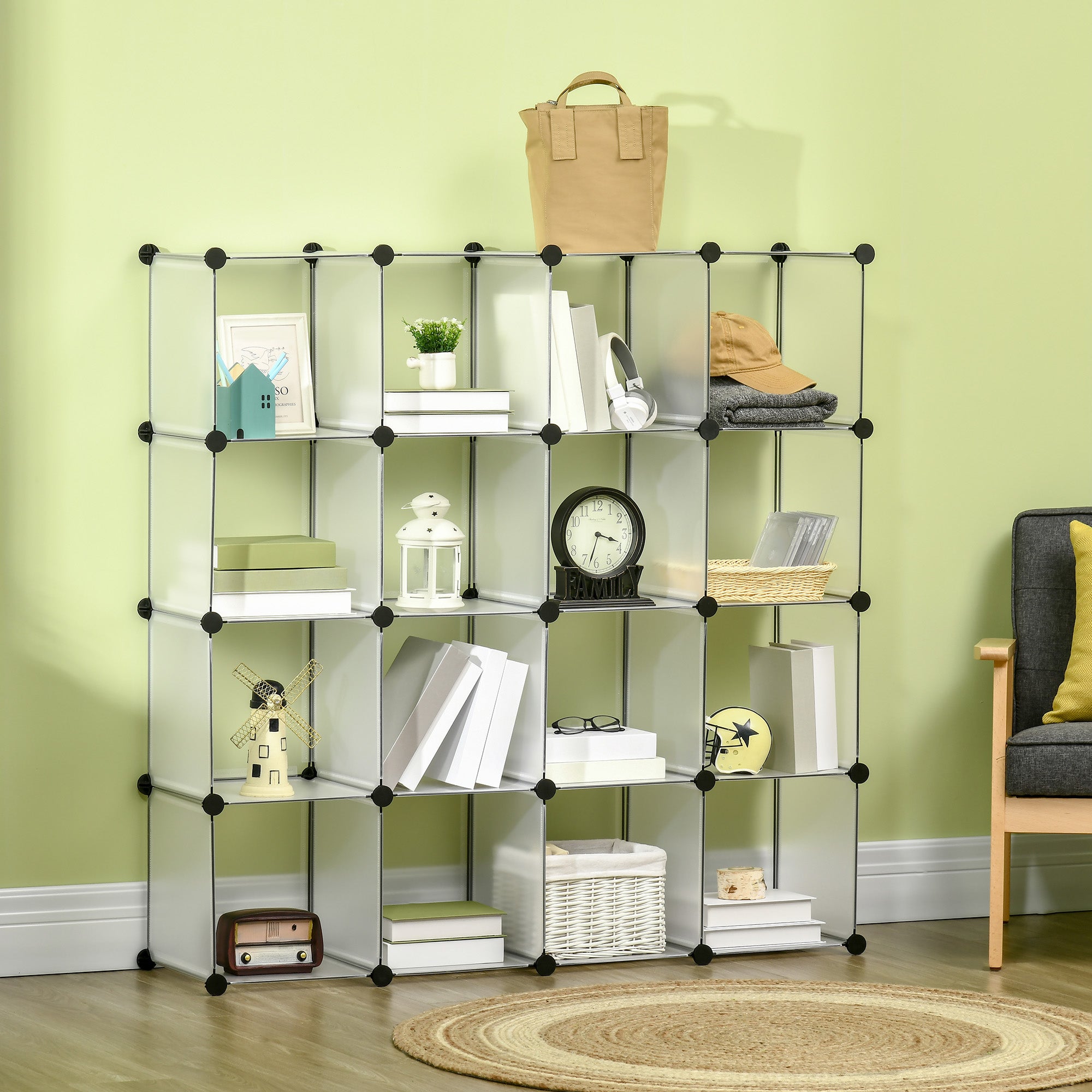 DIY modular shelf system with 16 cubes stackable DIY cube shelf wardrobe storage shelf standing shelf shoe shelf made of plastic steel White 125 x 32 x 125 cm