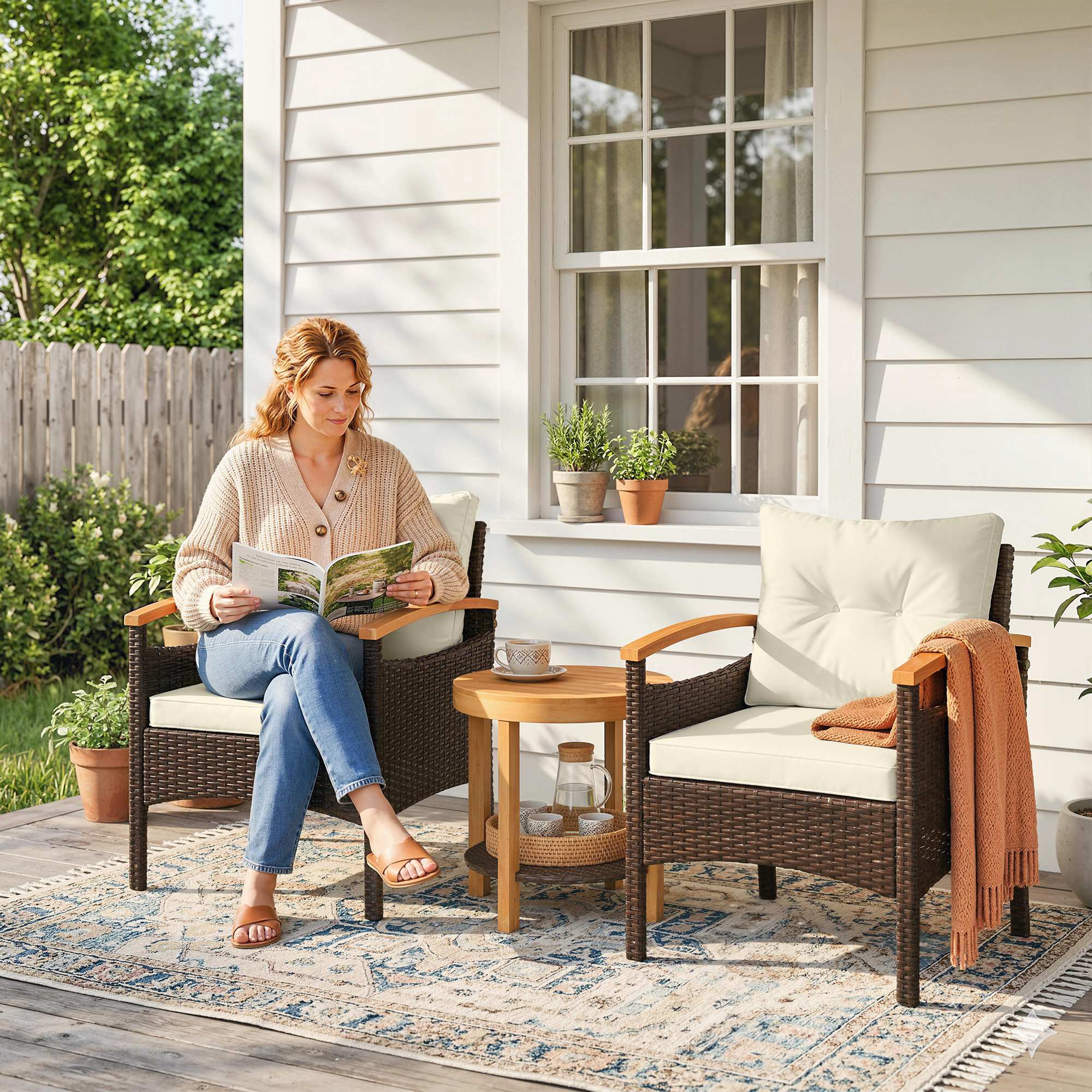 3-Piece Rattan Bistro Set – FSC Garden Furniture with 2 Armchairs, 2-Tier Acacia Wood Table, Thick Washable Cushions, Cream White
