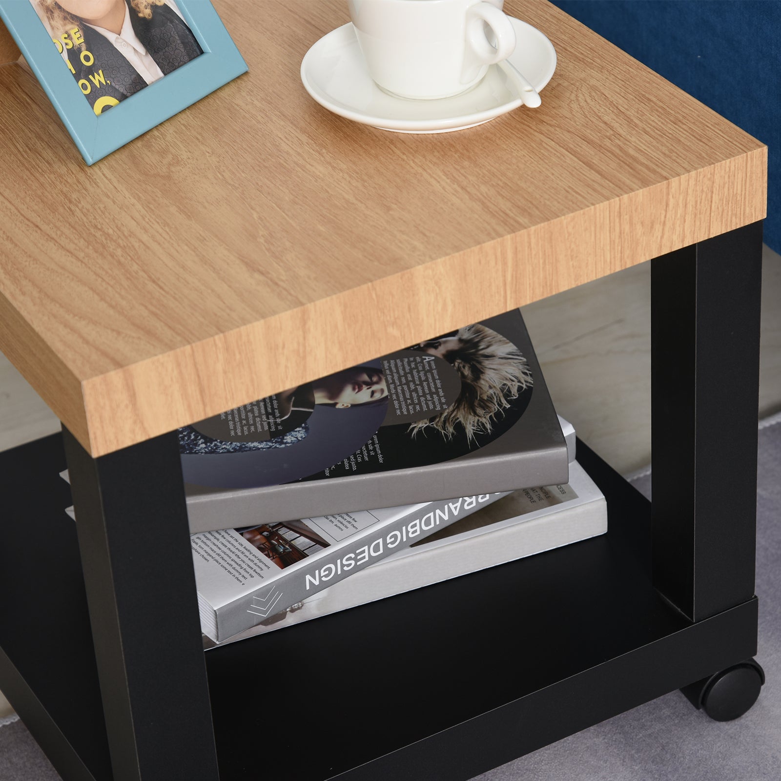 Wheeled Side Table with Open Shelf End Table for Sofa Living Room Bedroom 40x40x40 cm Black and Natural