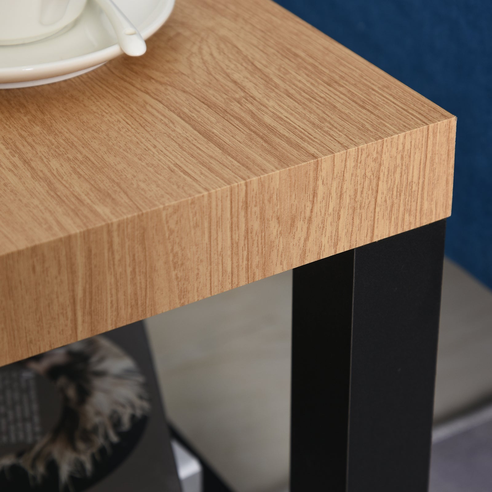 Wheeled Side Table with Open Shelf End Table for Sofa Living Room Bedroom 40x40x40 cm Black and Natural