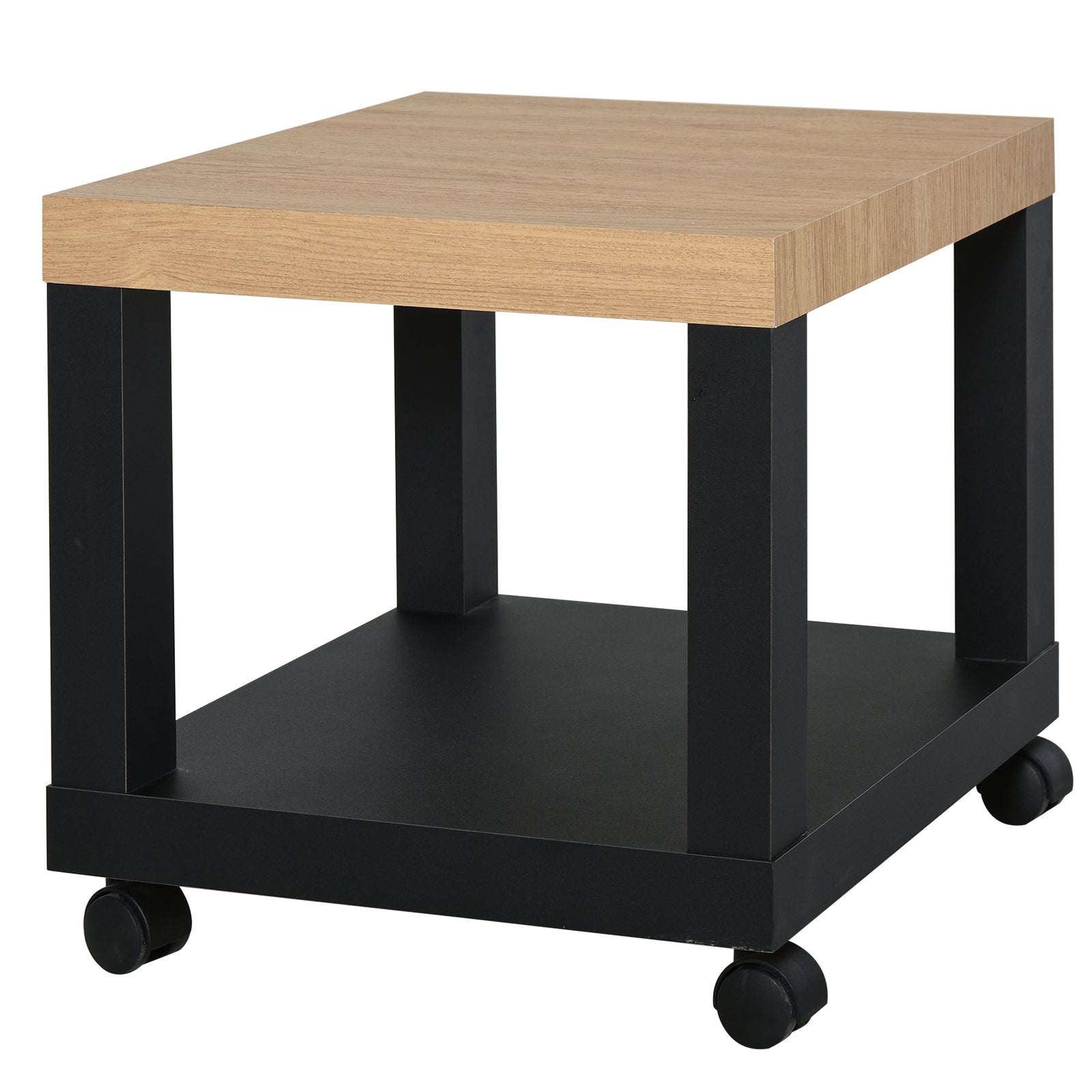 Wheeled Side Table with Open Shelf End Table for Sofa Living Room Bedroom 40x40x40 cm Black and Natural
