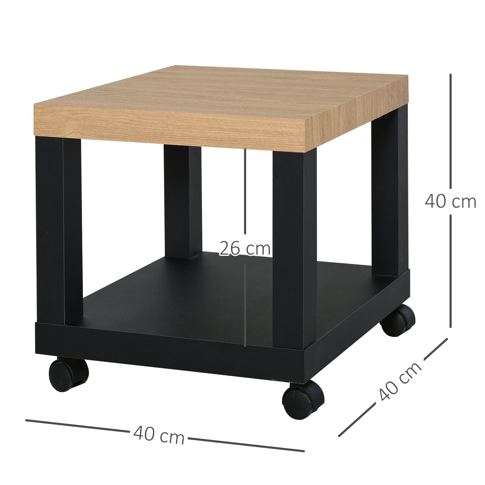 Wheeled Side Table with Open Shelf End Table for Sofa Living Room Bedroom 40x40x40 cm Black and Natural