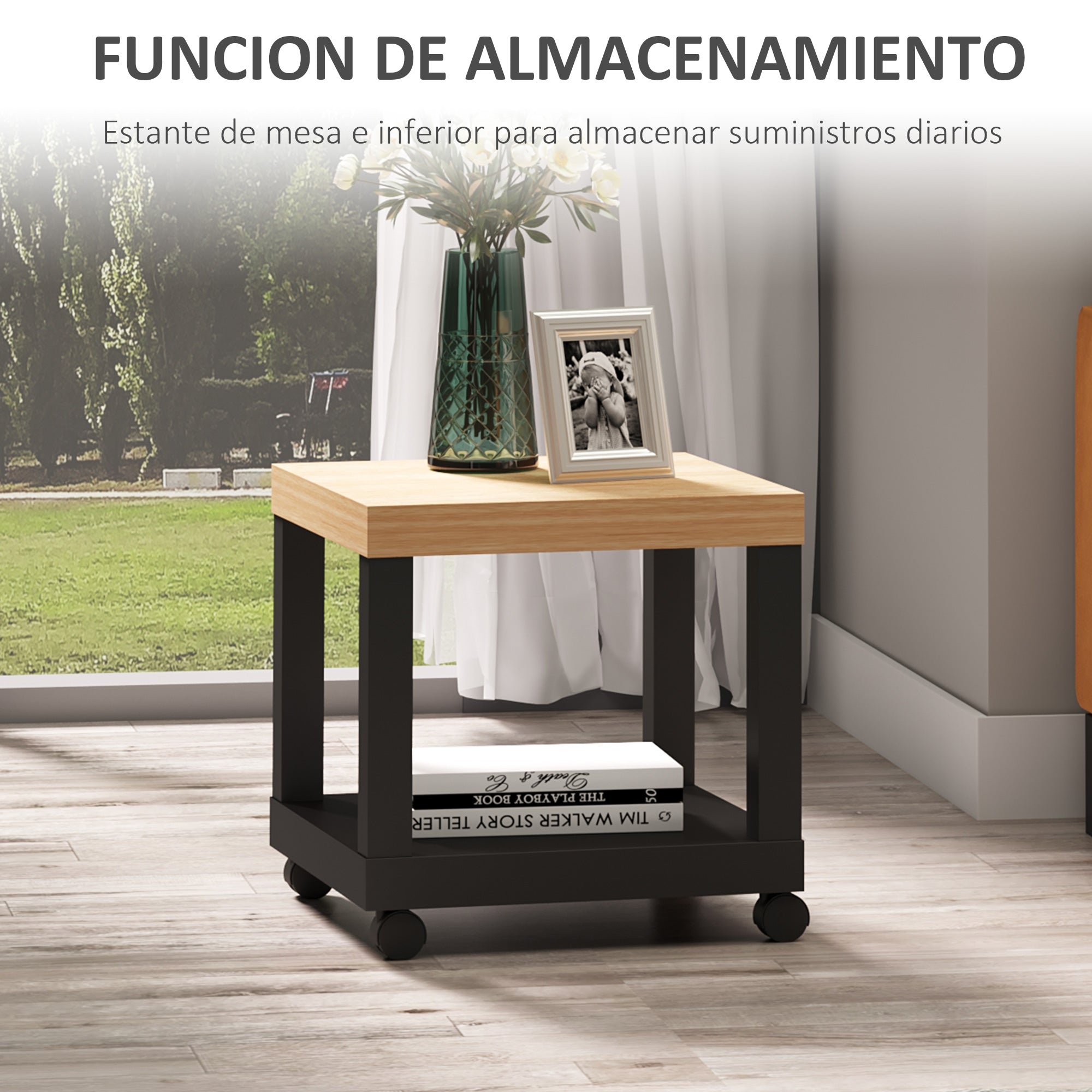 Wheeled Side Table with Open Shelf End Table for Sofa Living Room Bedroom 40x40x40 cm Black and Natural