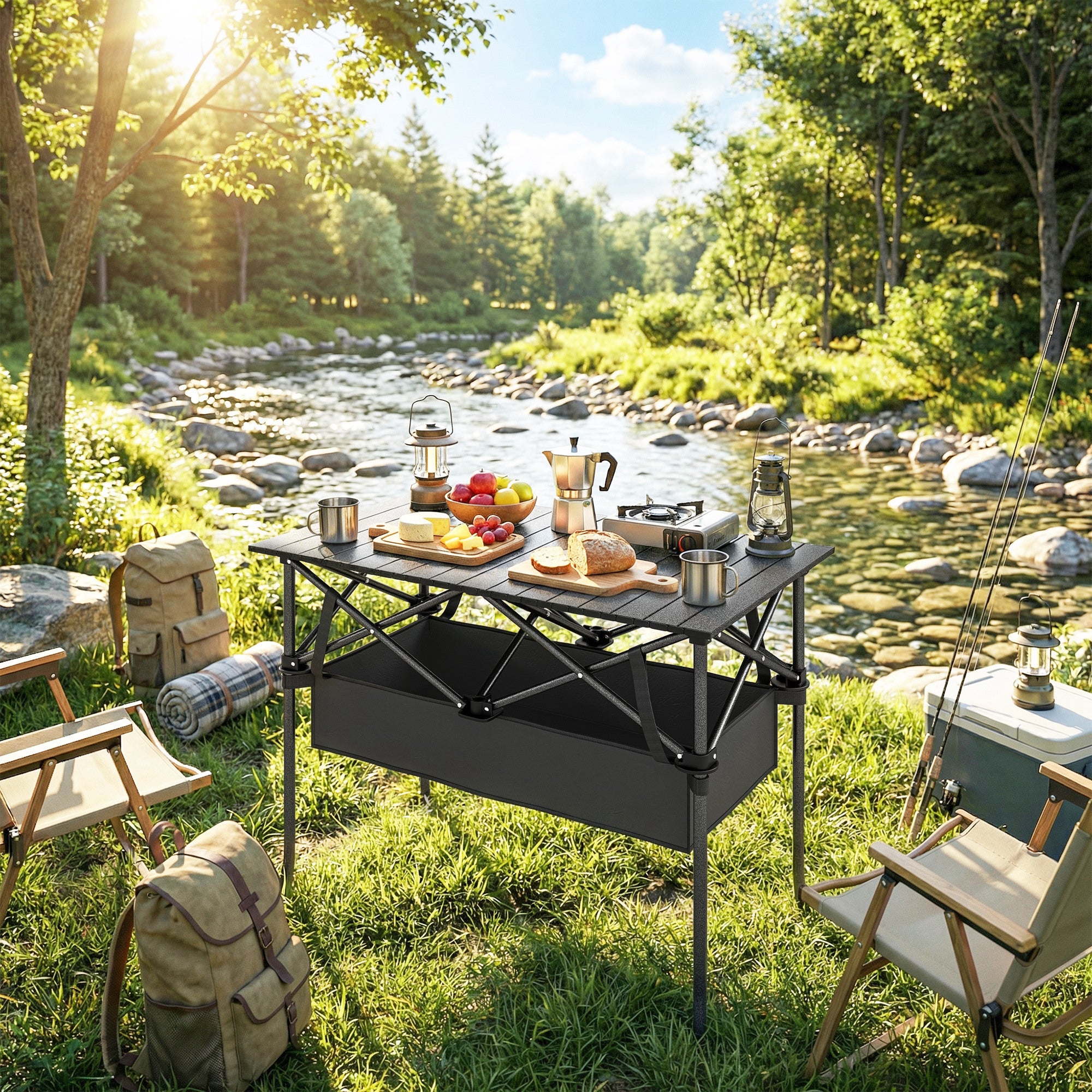 Foldable Camping Table, 36.6 x 21.7 x 26.8 in, Portable Roll-Up Aluminum Top with Storage Net, Metal Frame, Carry Bag, Black