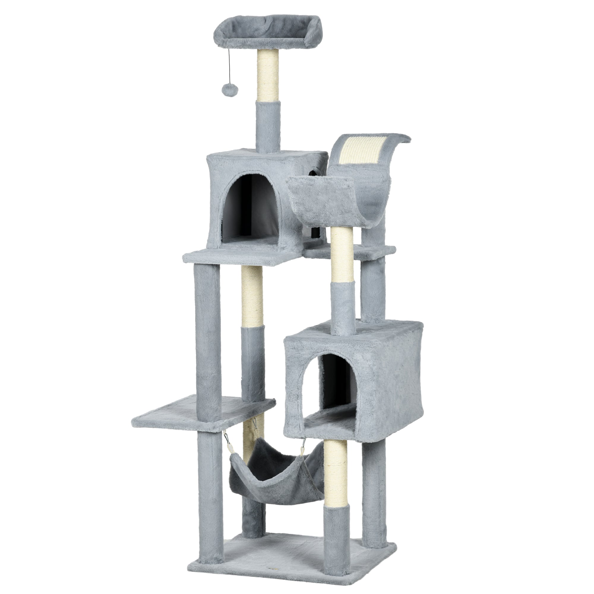 Cat Tree with Play Ball, Hammock, Bed, 2 Cottages, and Perches, Particle Board, Plush, and Sisal, 55x49x177 cm, Gray and White
