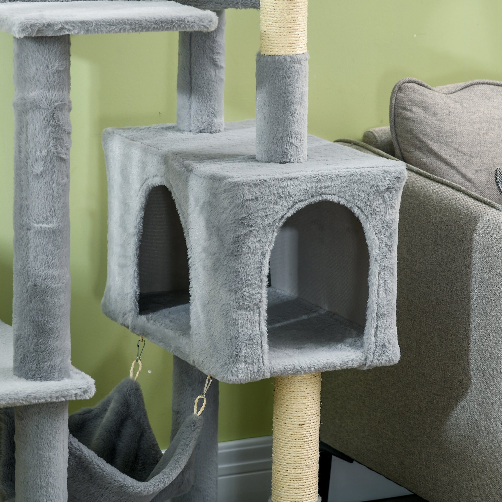 Cat Tree with Play Ball, Hammock, Bed, 2 Cottages, and Perches, Particle Board, Plush, and Sisal, 55x49x177 cm, Gray and White