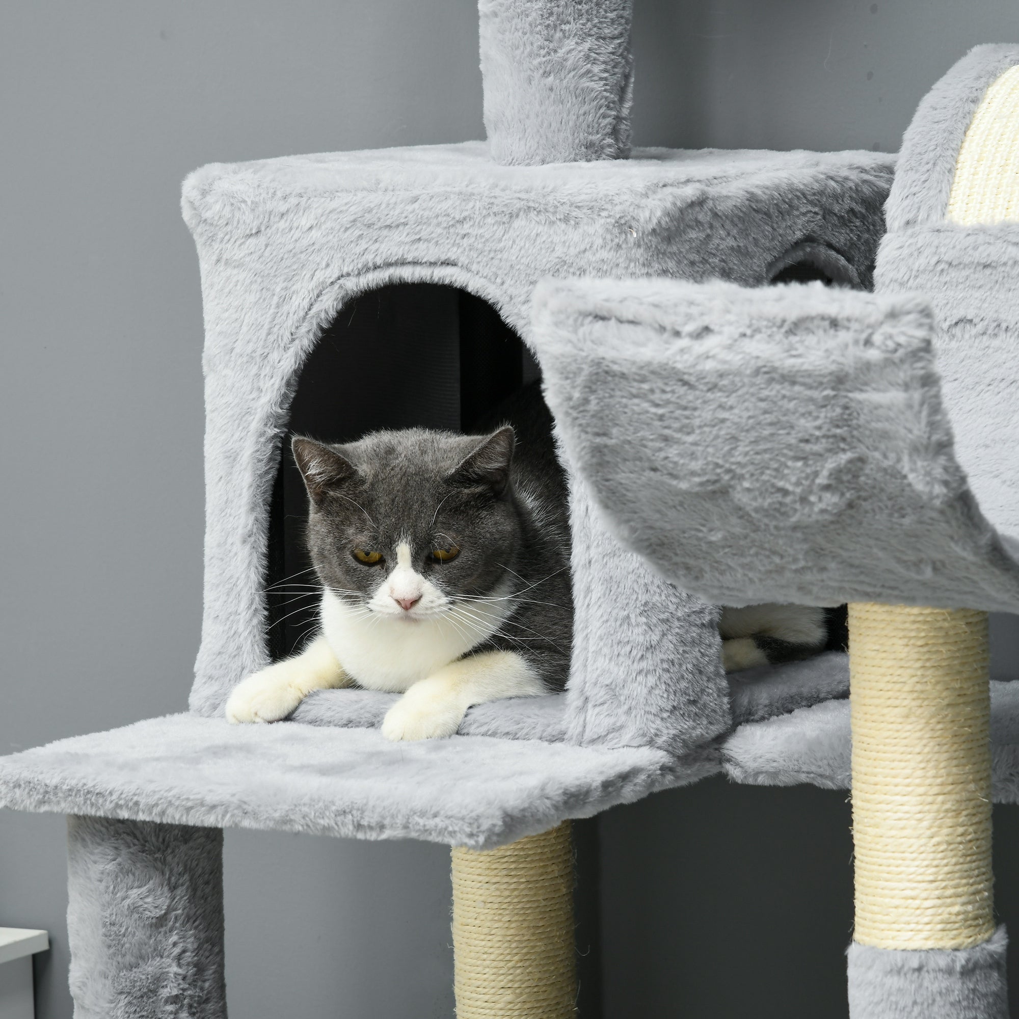 Cat Tree with Play Ball, Hammock, Bed, 2 Cottages, and Perches, Particle Board, Plush, and Sisal, 55x49x177 cm, Gray and White