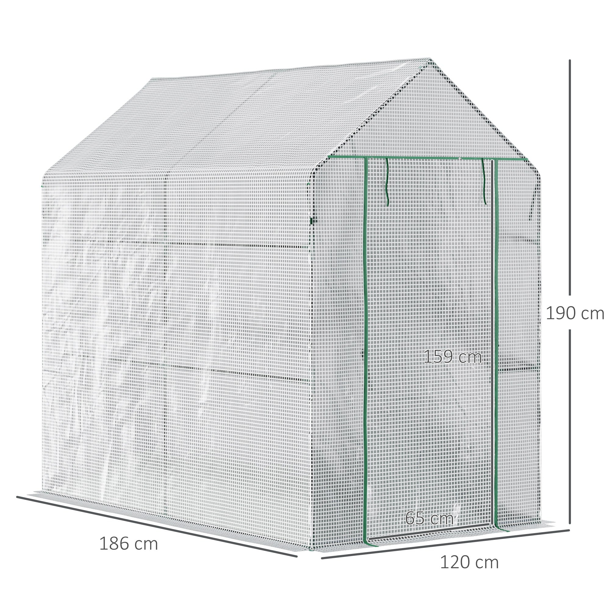 Garden Greenhouse with 4 Shelves Roll-Up Door PE Cover 140g/m² and Steel Frame for Crops Plants Pots Flowers 120x186x190 cm White