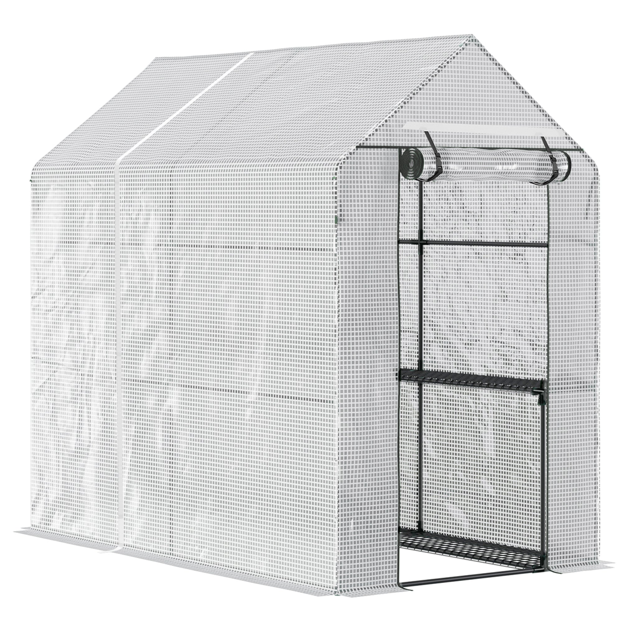 Garden Greenhouse with 4 Shelves Roll-Up Door PE Cover 140g/m² and Steel Frame for Crops Plants Pots Flowers 120x186x190 cm White
