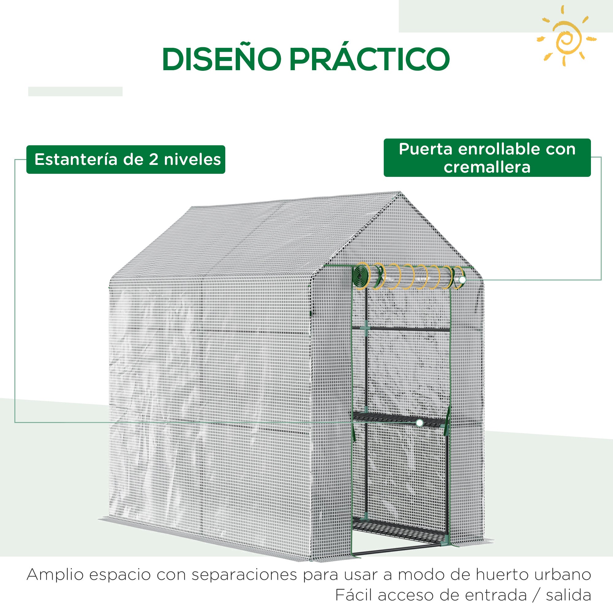 Garden Greenhouse with 4 Shelves Roll-Up Door PE Cover 140g/m² and Steel Frame for Crops Plants Pots Flowers 120x186x190 cm White