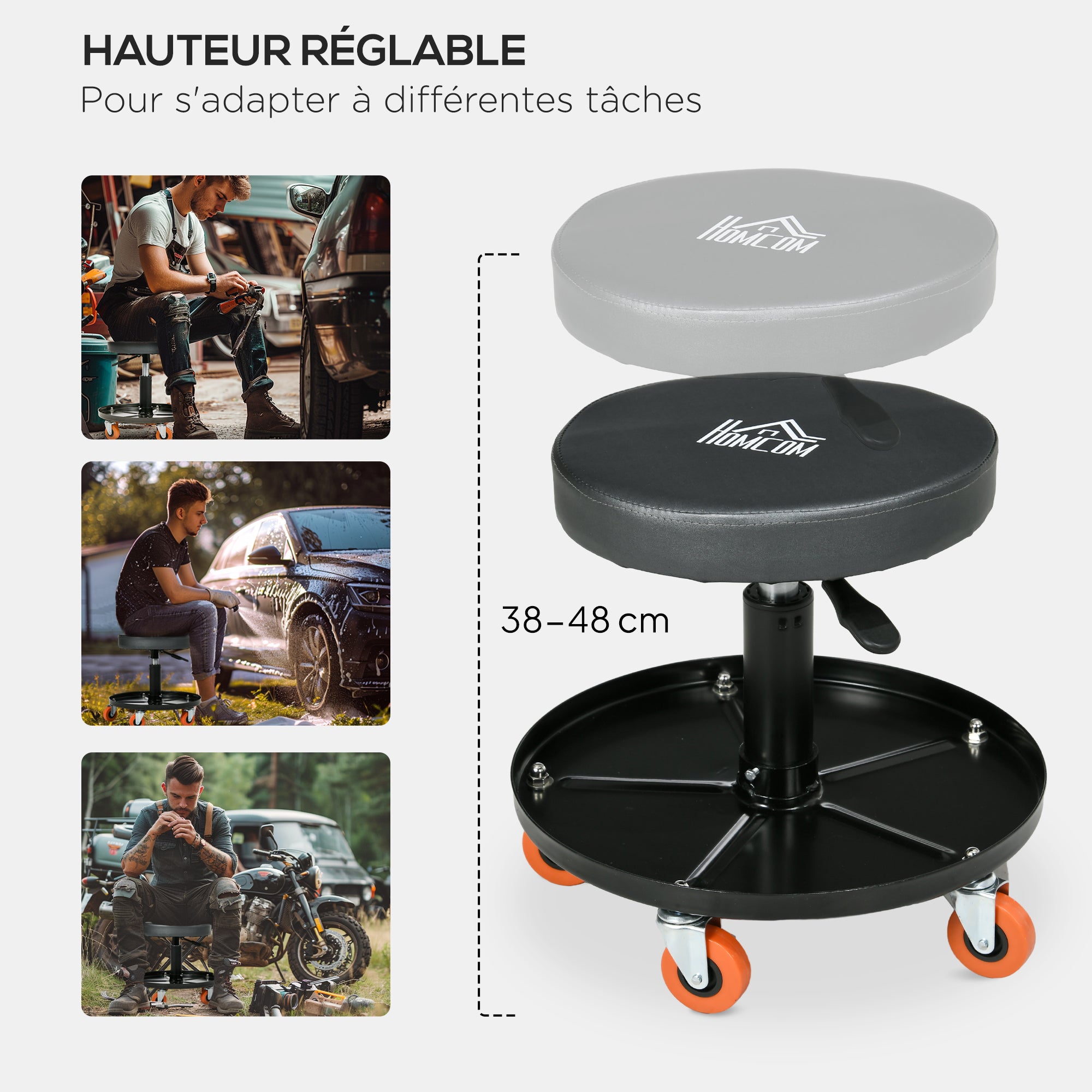 Mechanic Stool, Workshop Servant, Swivel Seat, Adjustable Height, Rolling Workshop Stool with 100kg Tray for Garage and Automotive Repair, Black