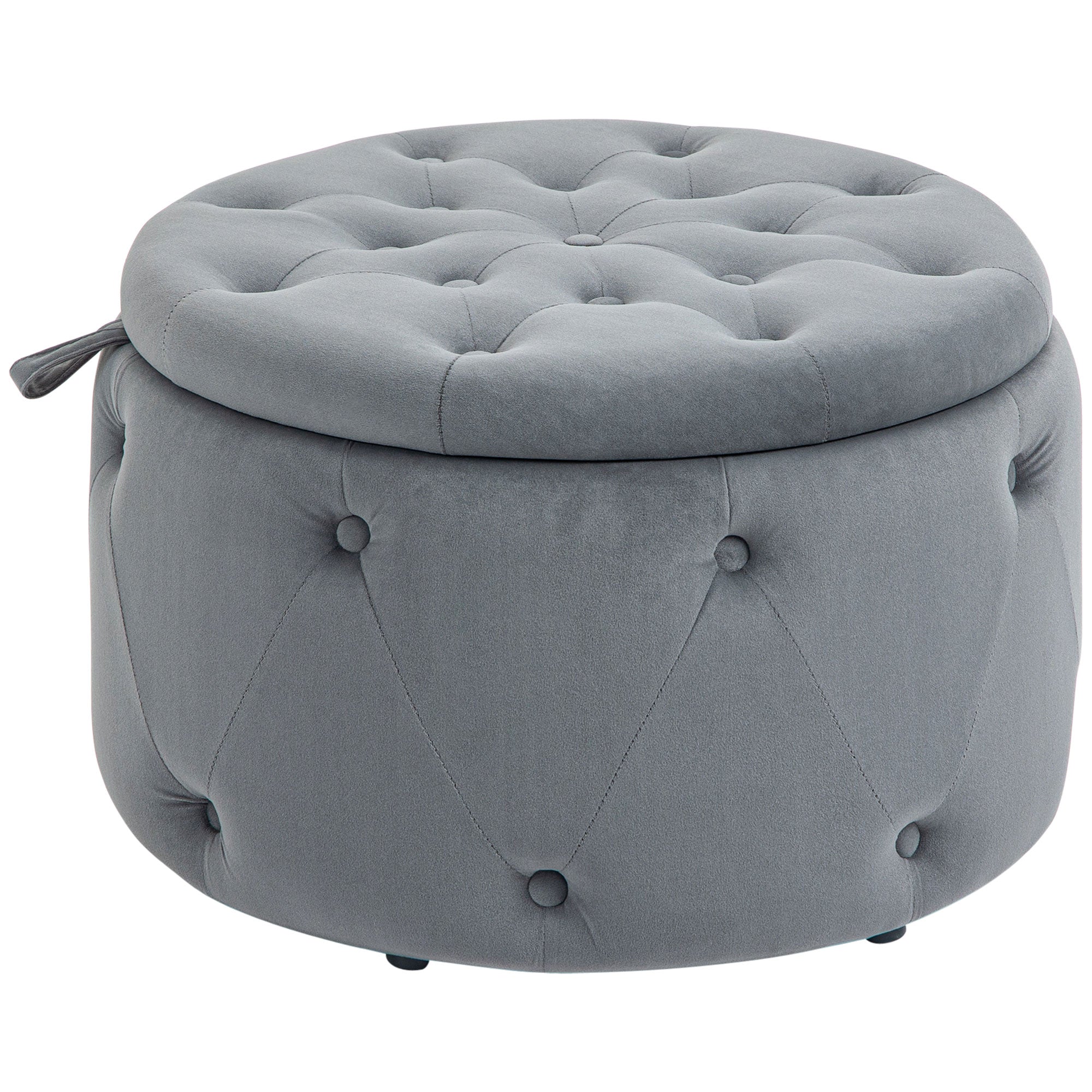 Storage Ottoman, Padded Footrest with Lid, Round Pouf, Ottoman with Velvet-like Cover, Buttons for Living Room, Gray, Ø60 x 40 cm