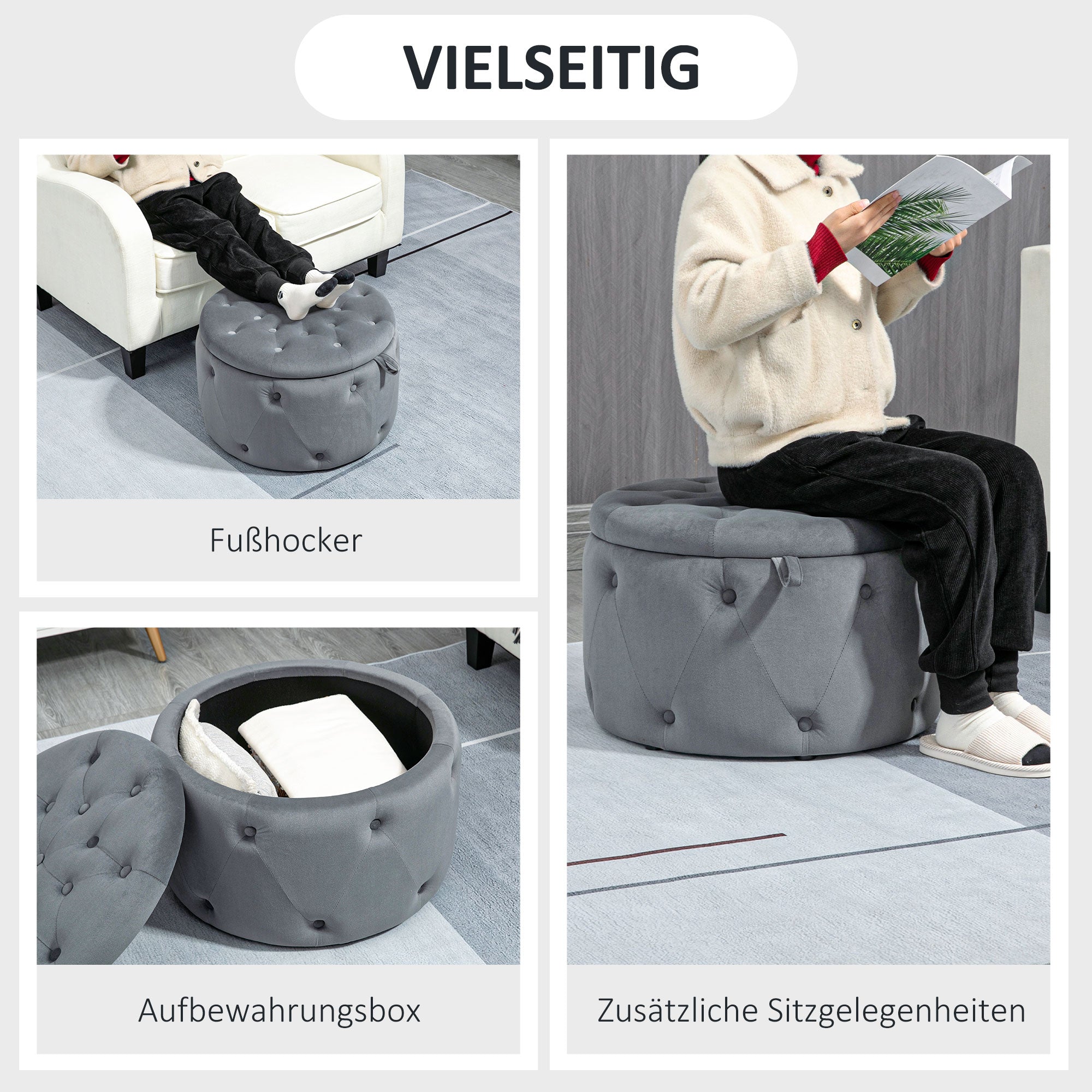 Storage Ottoman, Padded Footrest with Lid, Round Pouf, Ottoman with Velvet-like Cover, Buttons for Living Room, Gray, Ø60 x 40 cm
