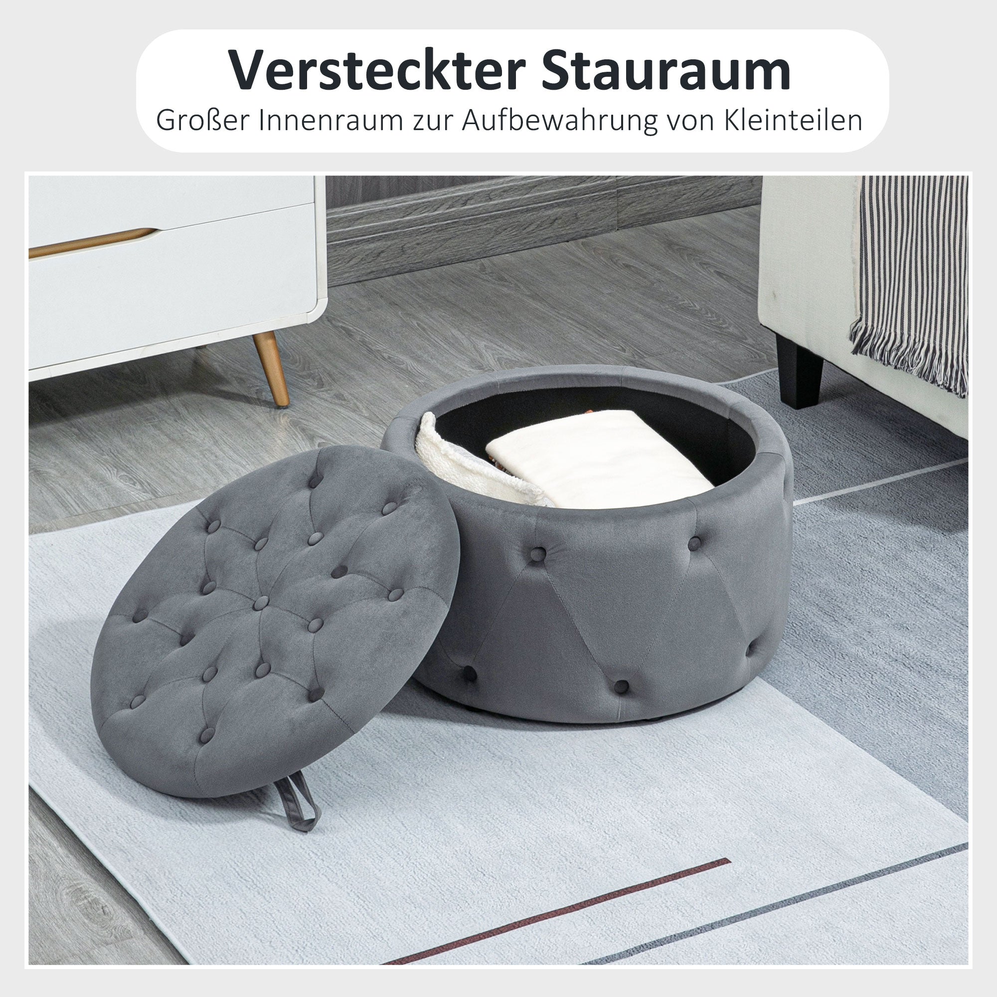 Storage Ottoman, Padded Footrest with Lid, Round Pouf, Ottoman with Velvet-like Cover, Buttons for Living Room, Gray, Ø60 x 40 cm