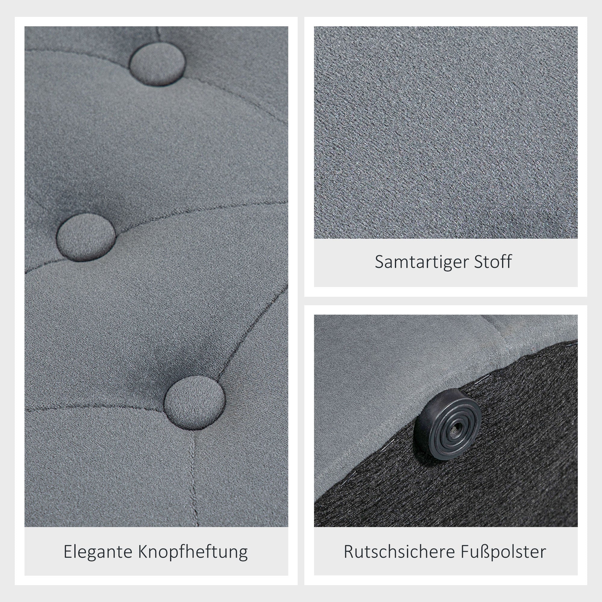 Storage Ottoman, Padded Footrest with Lid, Round Pouf, Ottoman with Velvet-like Cover, Buttons for Living Room, Gray, Ø60 x 40 cm