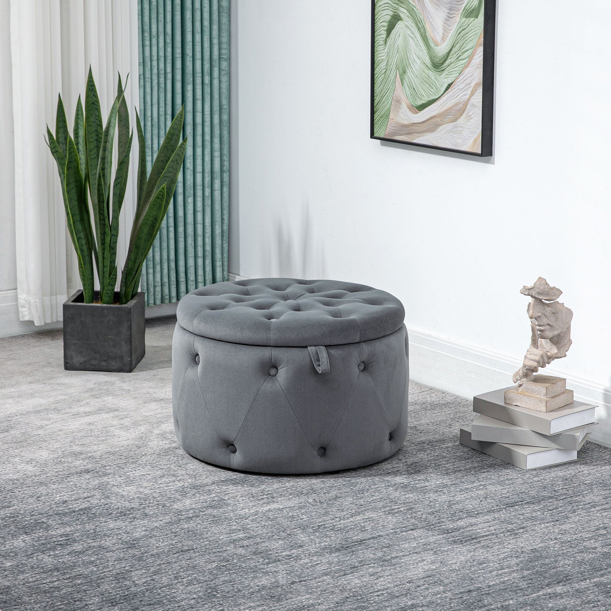 Storage Ottoman, Padded Footrest with Lid, Round Pouf, Ottoman with Velvet-like Cover, Buttons for Living Room, Gray, Ø60 x 40 cm