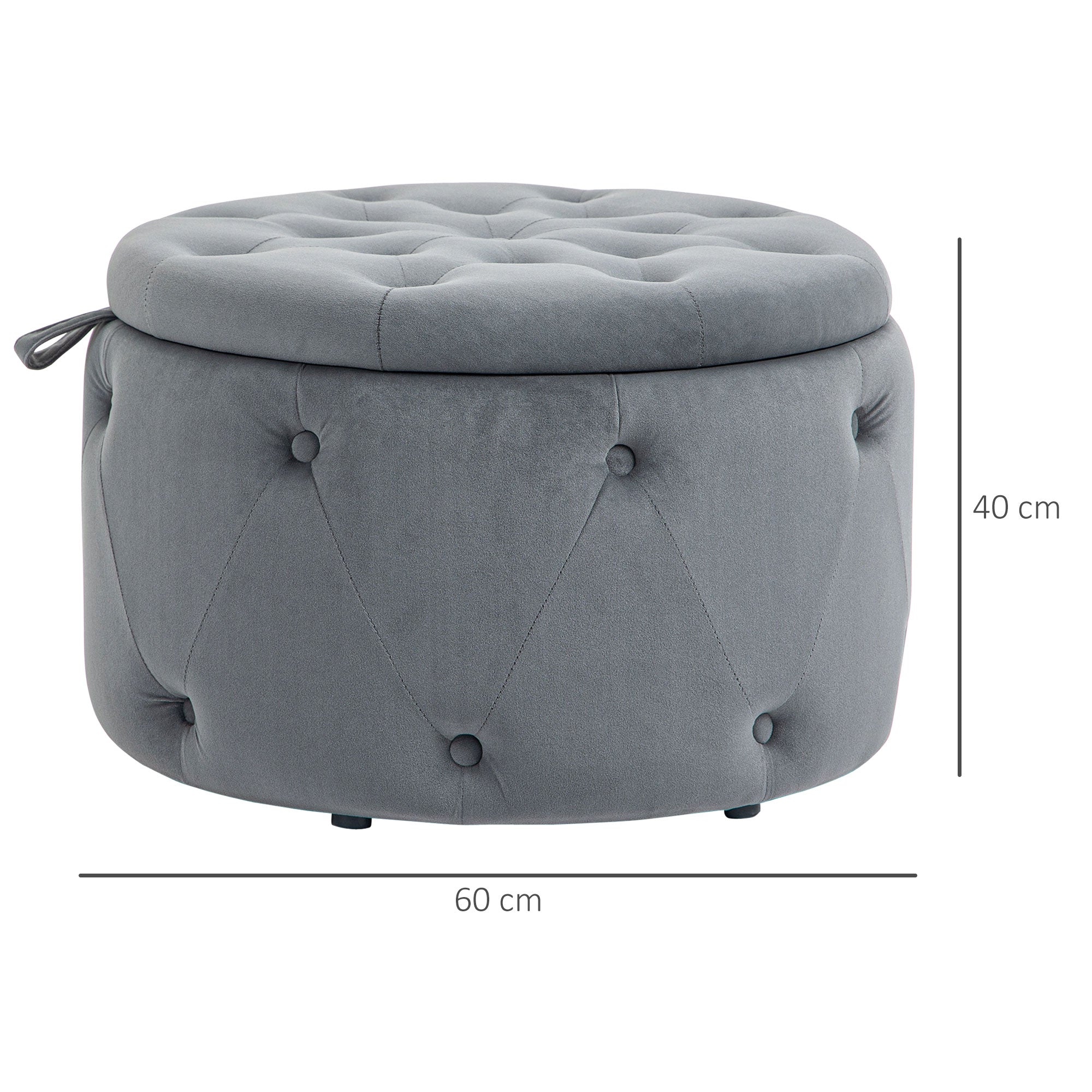 Storage Ottoman, Padded Footrest with Lid, Round Pouf, Ottoman with Velvet-like Cover, Buttons for Living Room, Gray, Ø60 x 40 cm