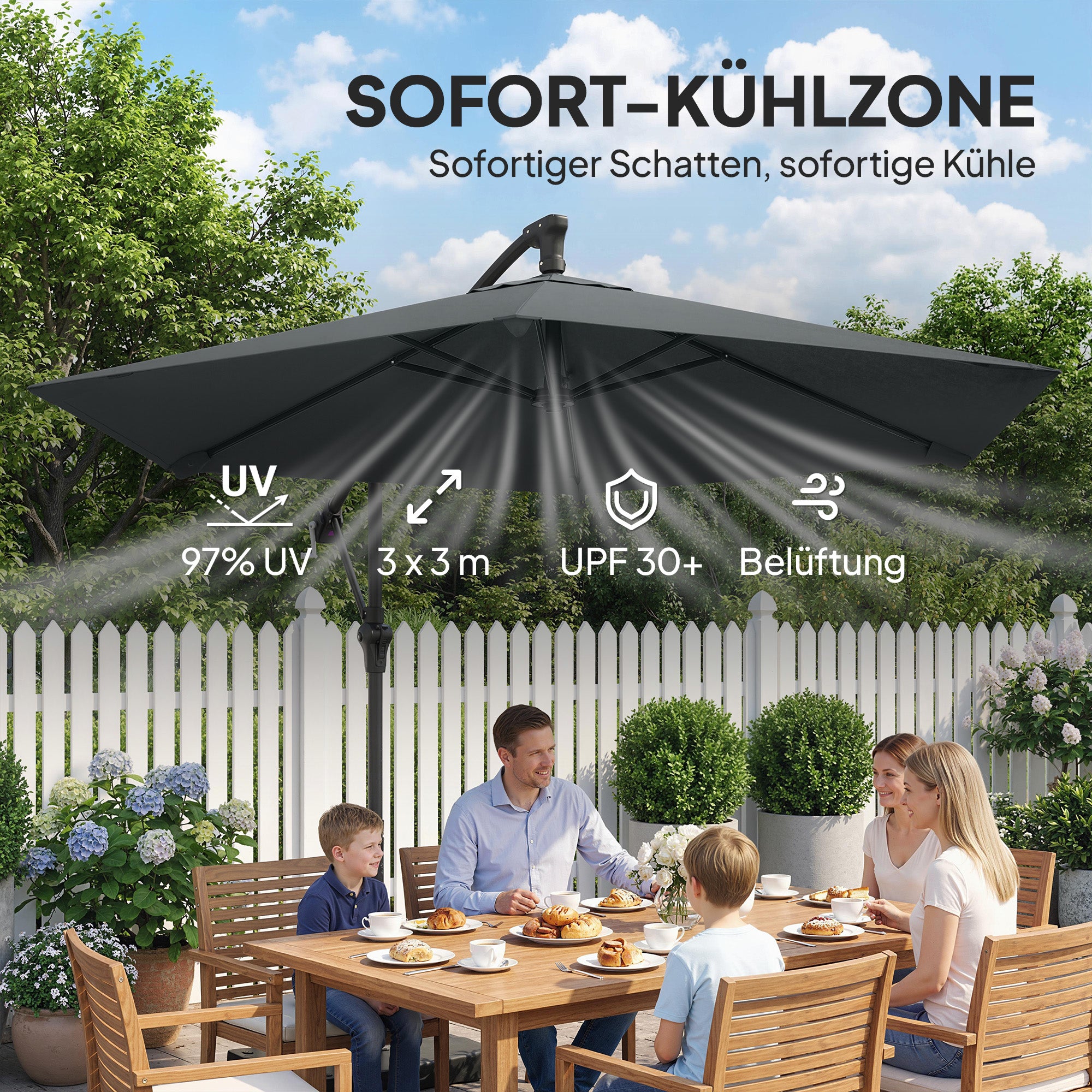 3 m Offset Cantilever Umbrella with Crank & Locking Arm — Water-Resistant, UPF 30+, Dark Gray