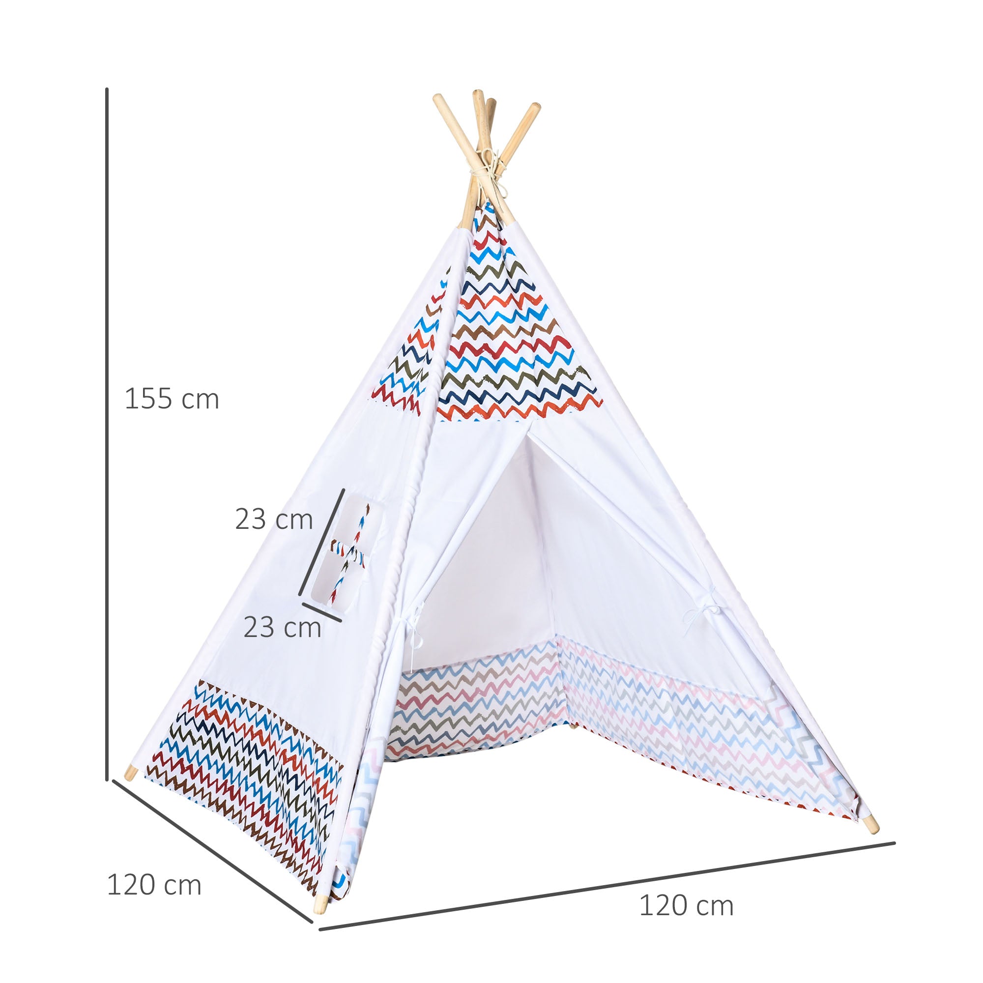 Children's Teepee Tent for +3 Years Old Portable Wooden Kids Tipi with Window for Indoor and Outdoor Use 120x120x155 cm White