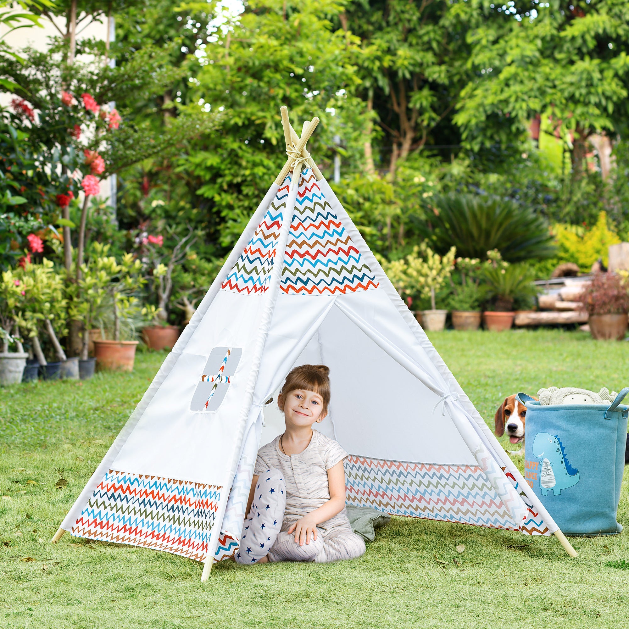 Children's Teepee Tent for +3 Years Old Portable Wooden Kids Tipi with Window for Indoor and Outdoor Use 120x120x155 cm White