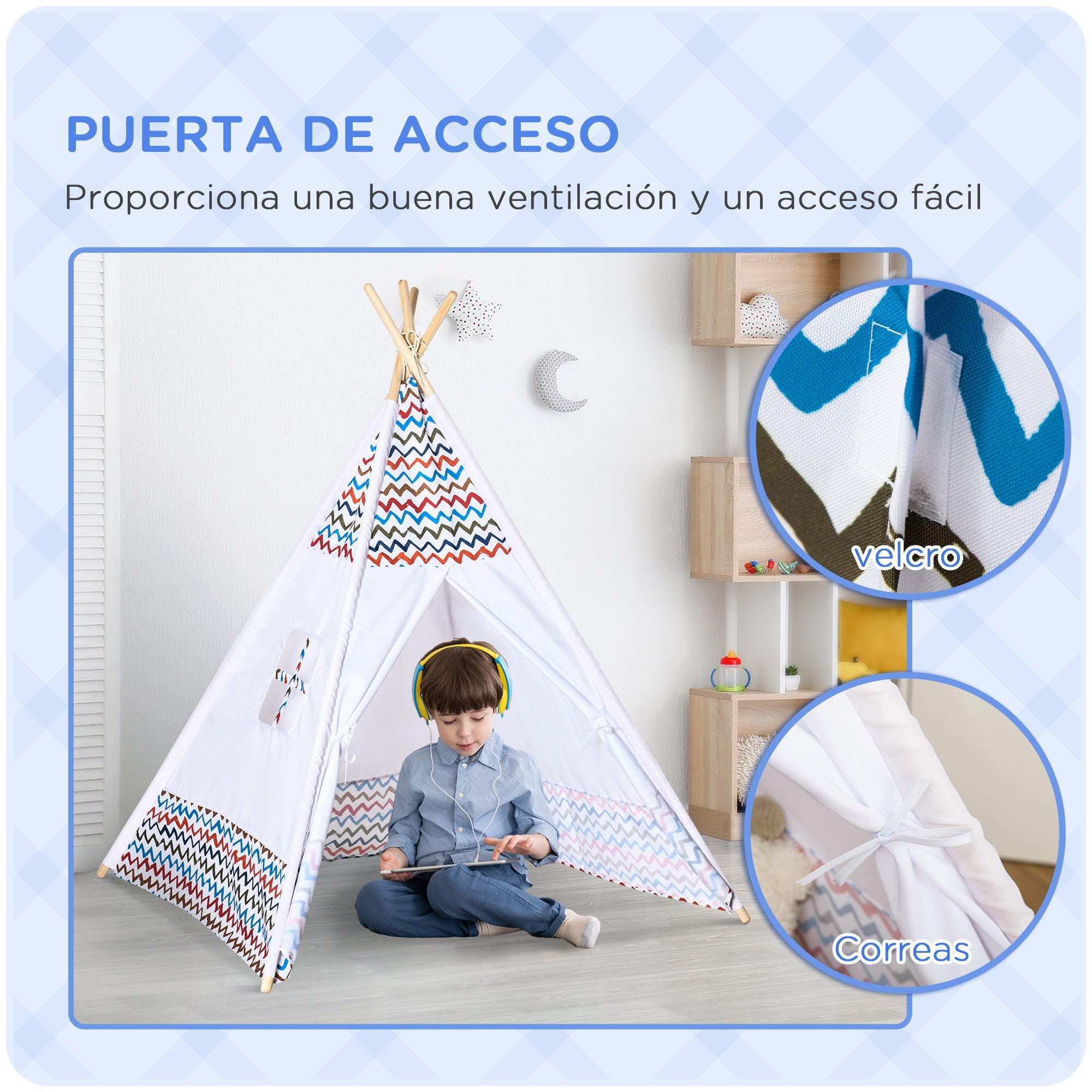 Children's Teepee Tent for +3 Years Old Portable Wooden Kids Tipi with Window for Indoor and Outdoor Use 120x120x155 cm White