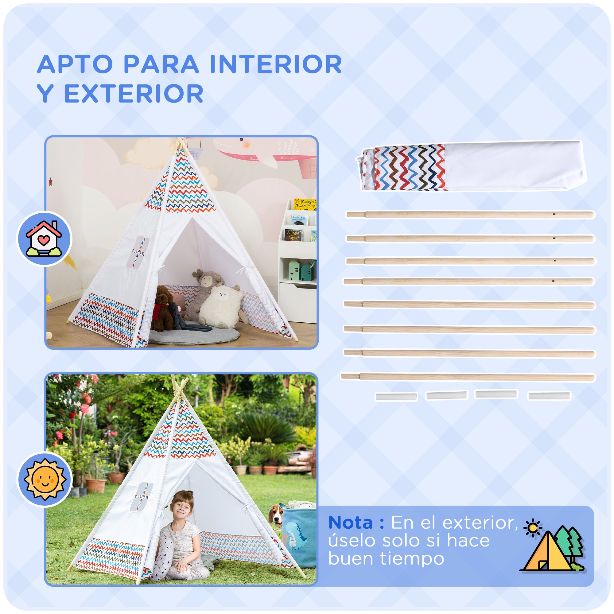 Children's Teepee Tent for +3 Years Old Portable Wooden Kids Tipi with Window for Indoor and Outdoor Use 120x120x155 cm White