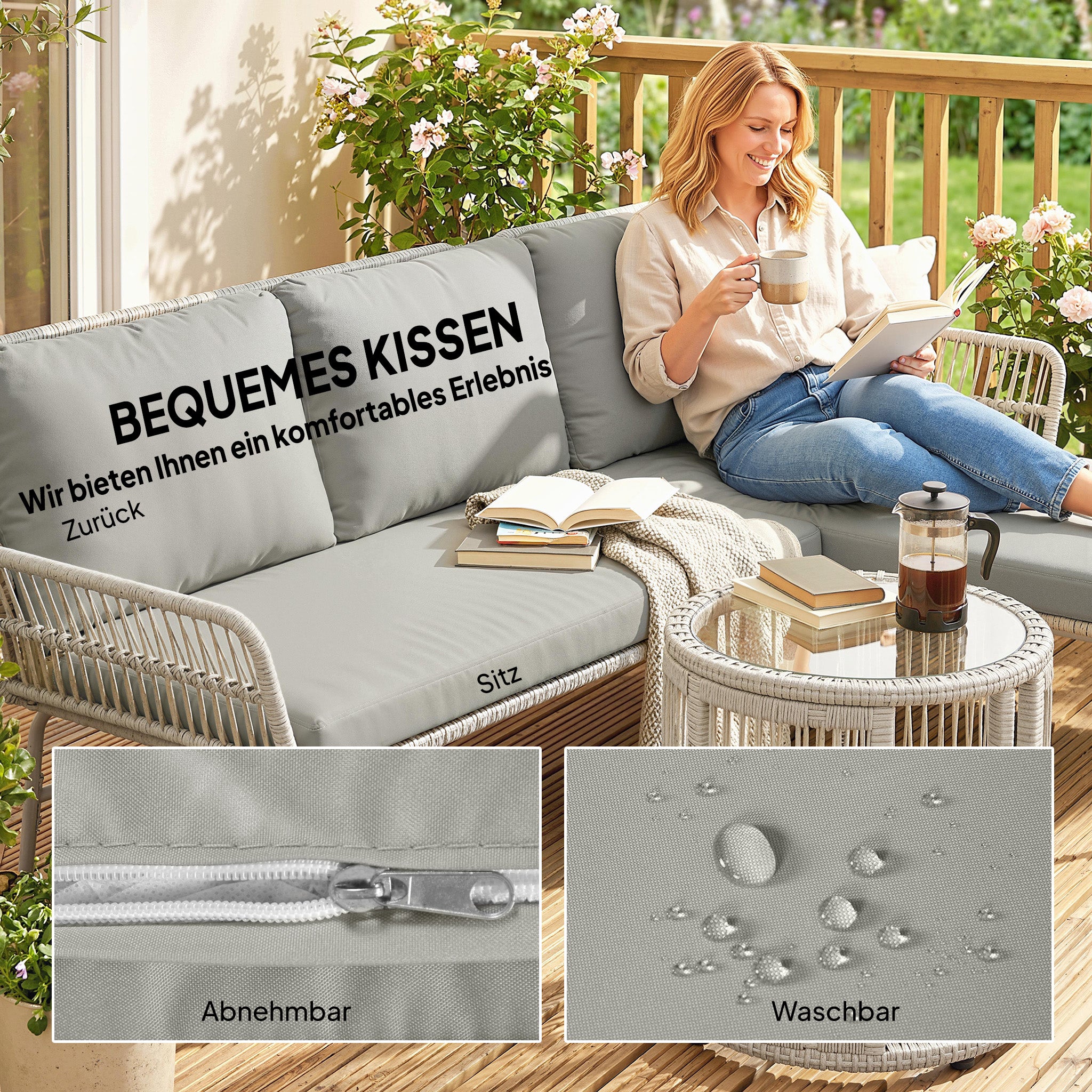3-Piece PE Rattan Outdoor Lounge Set — 2-Seater Sofa with Chaise & Glass Coffee Table, Removable Cushions, Seats 3 (Light Gray)