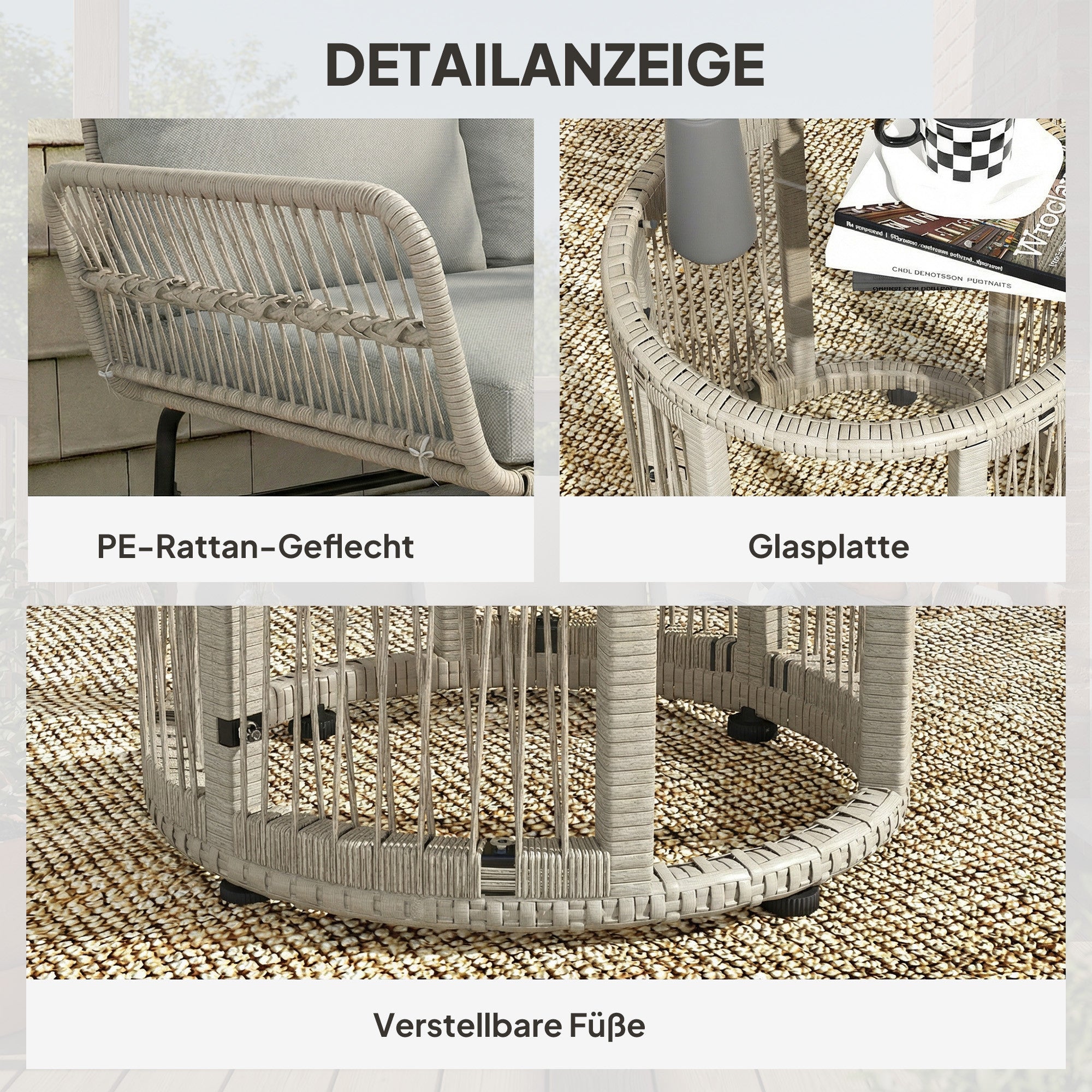 3-Piece PE Rattan Outdoor Lounge Set — 2-Seater Sofa with Chaise & Glass Coffee Table, Removable Cushions, Seats 3 (Light Gray)