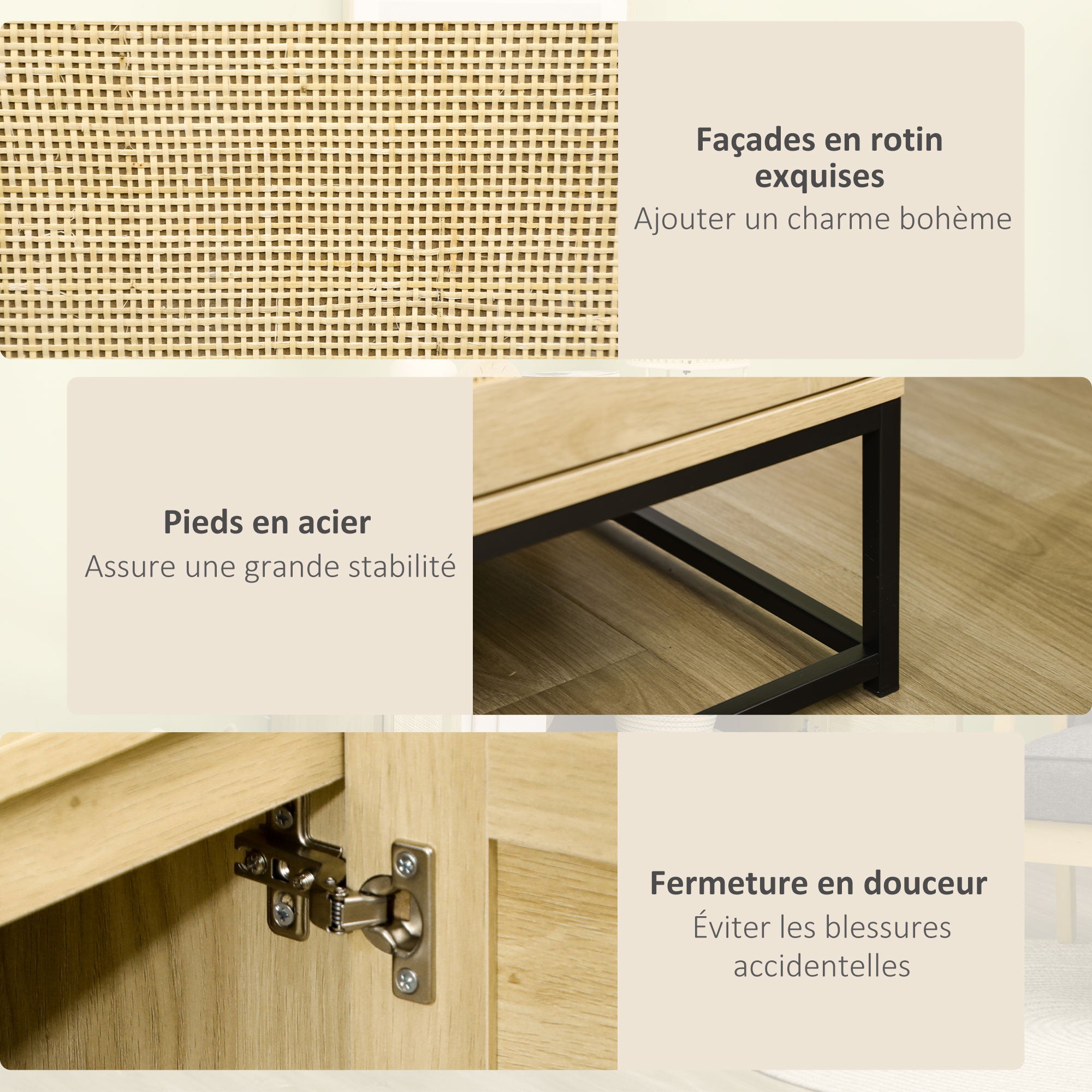 Low buffet storage cabinet in bohemian style with 2 woven rattan doors - adjustable height shelf - 80 x 40 x 80 cm natural wood